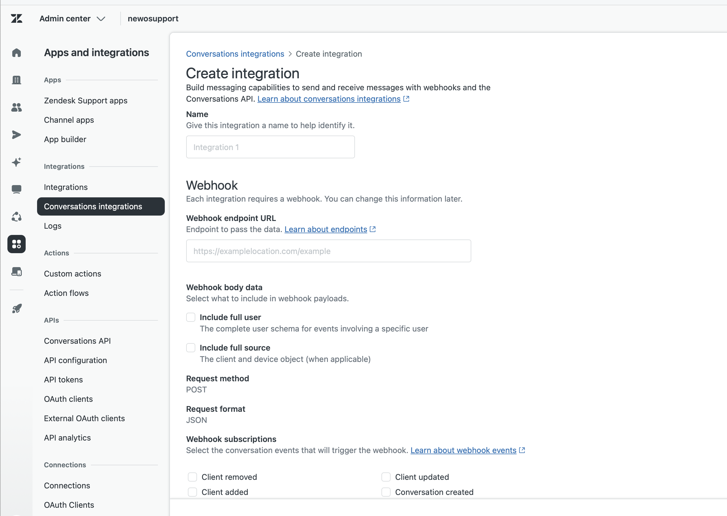 Zendesk Conversations integration creation