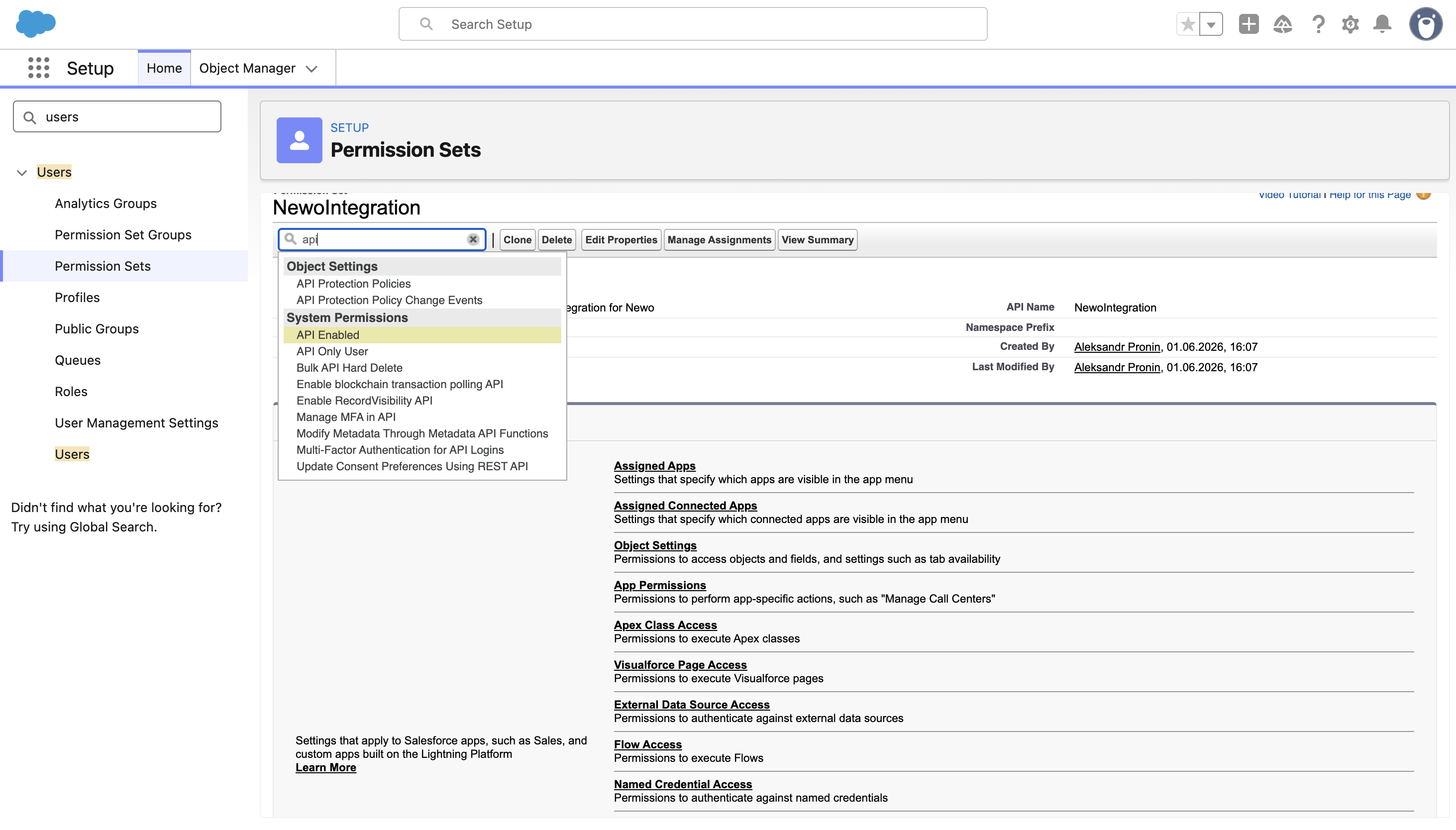 Search System Permissions in the permission set