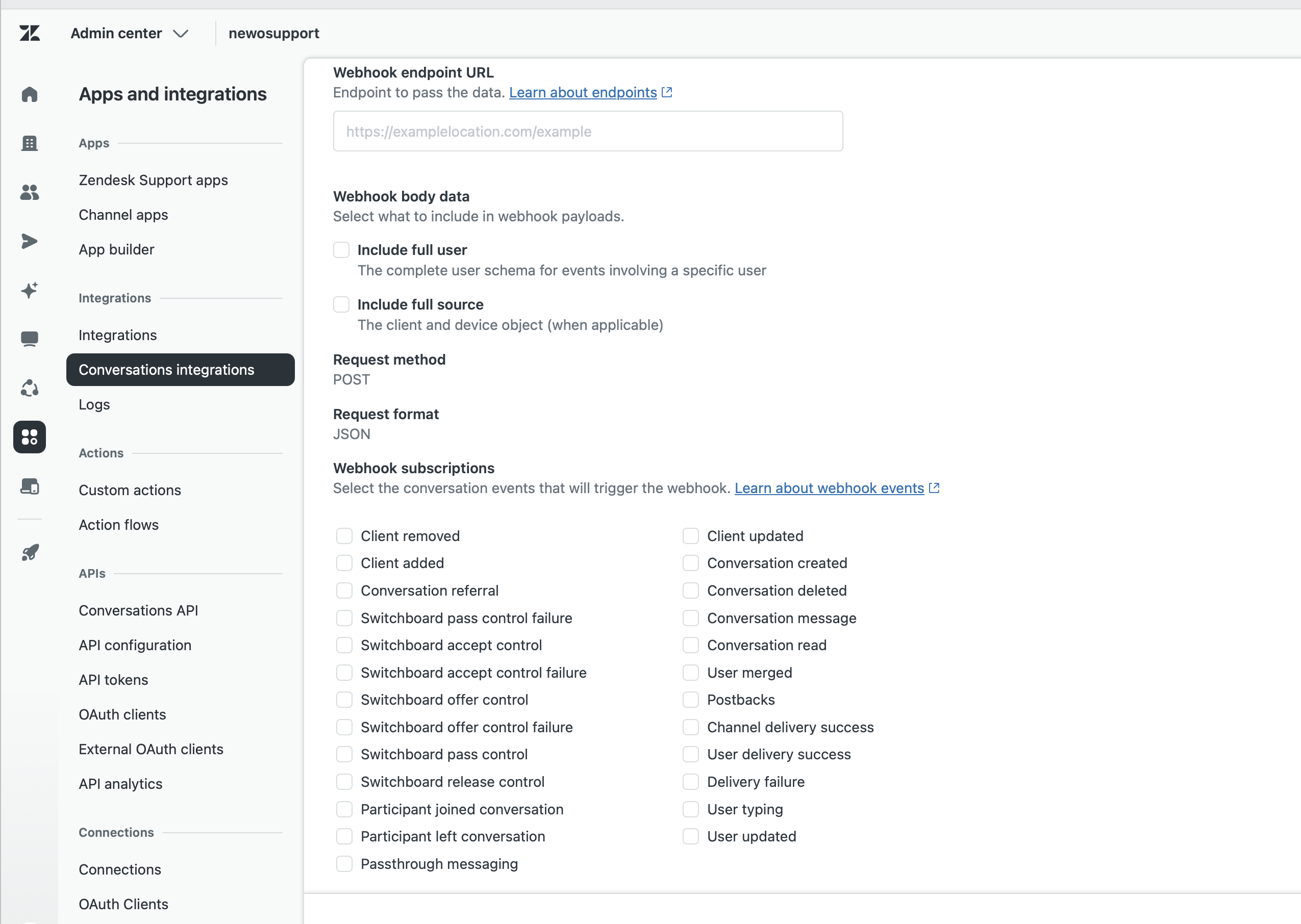 Zendesk webhook body and subscriptions