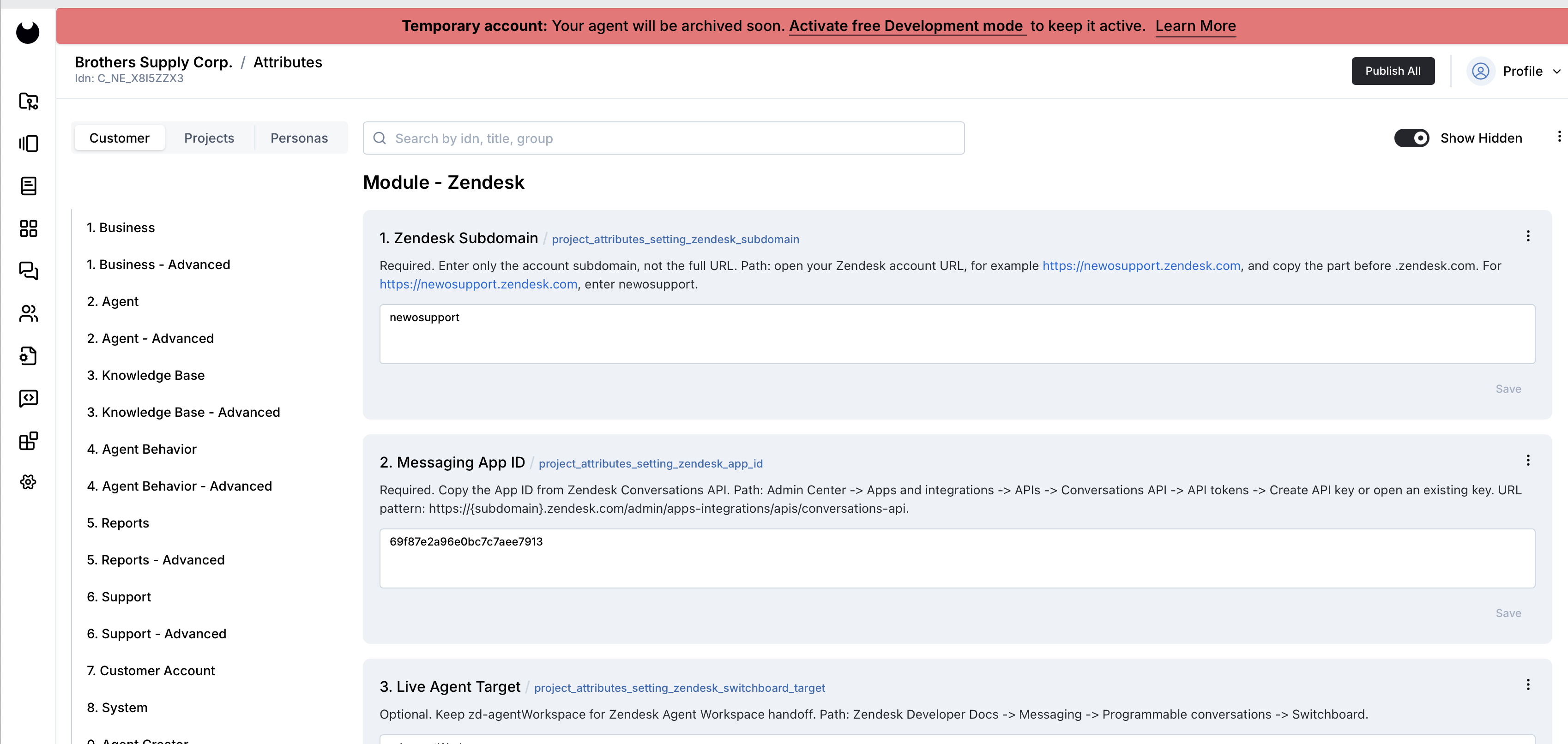 Newo Zendesk visible settings