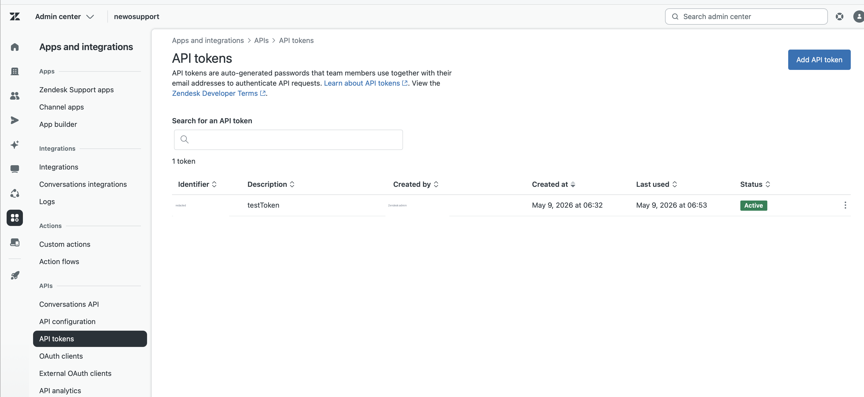Zendesk Support API token