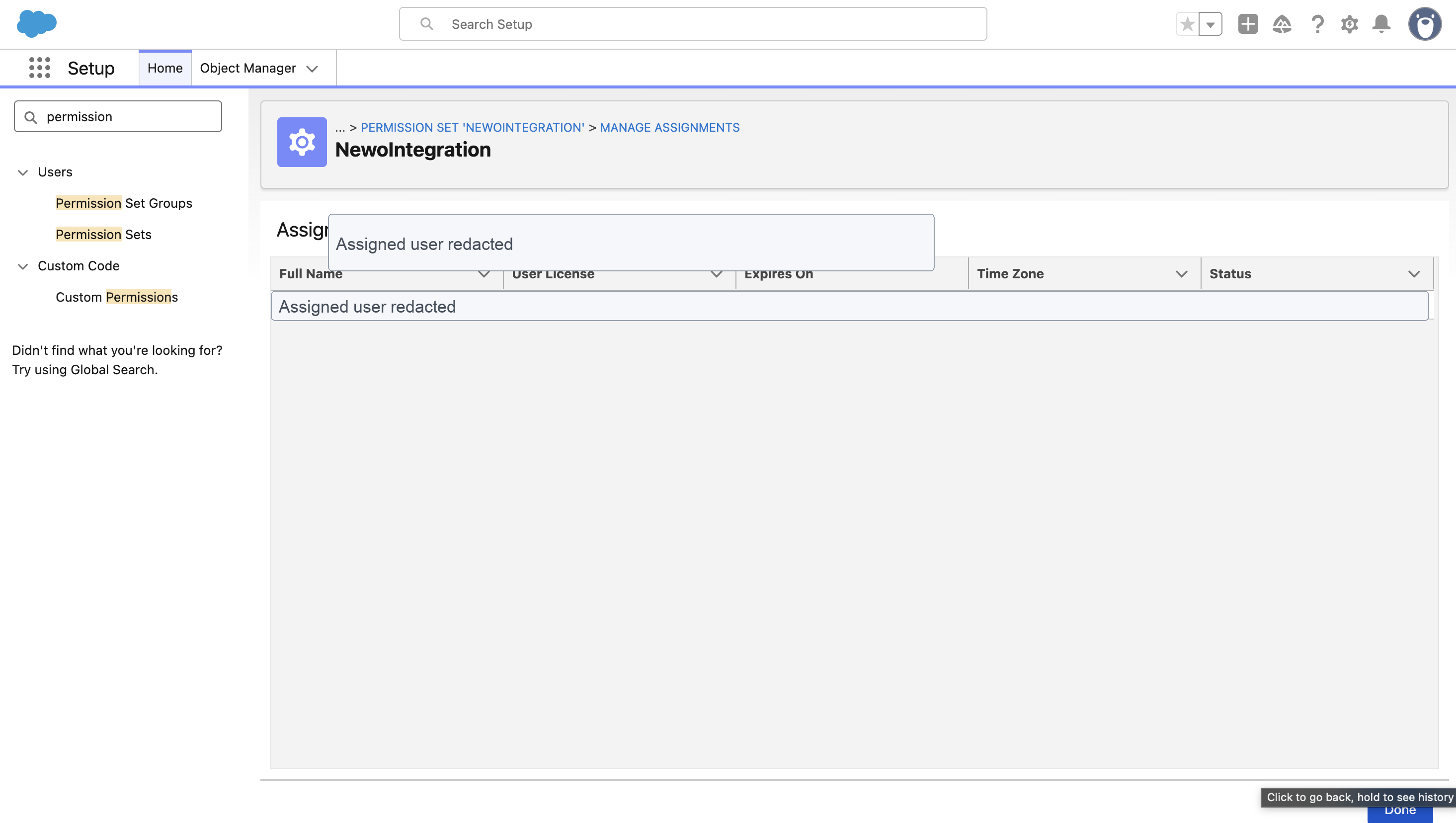 Permission set assignment summary