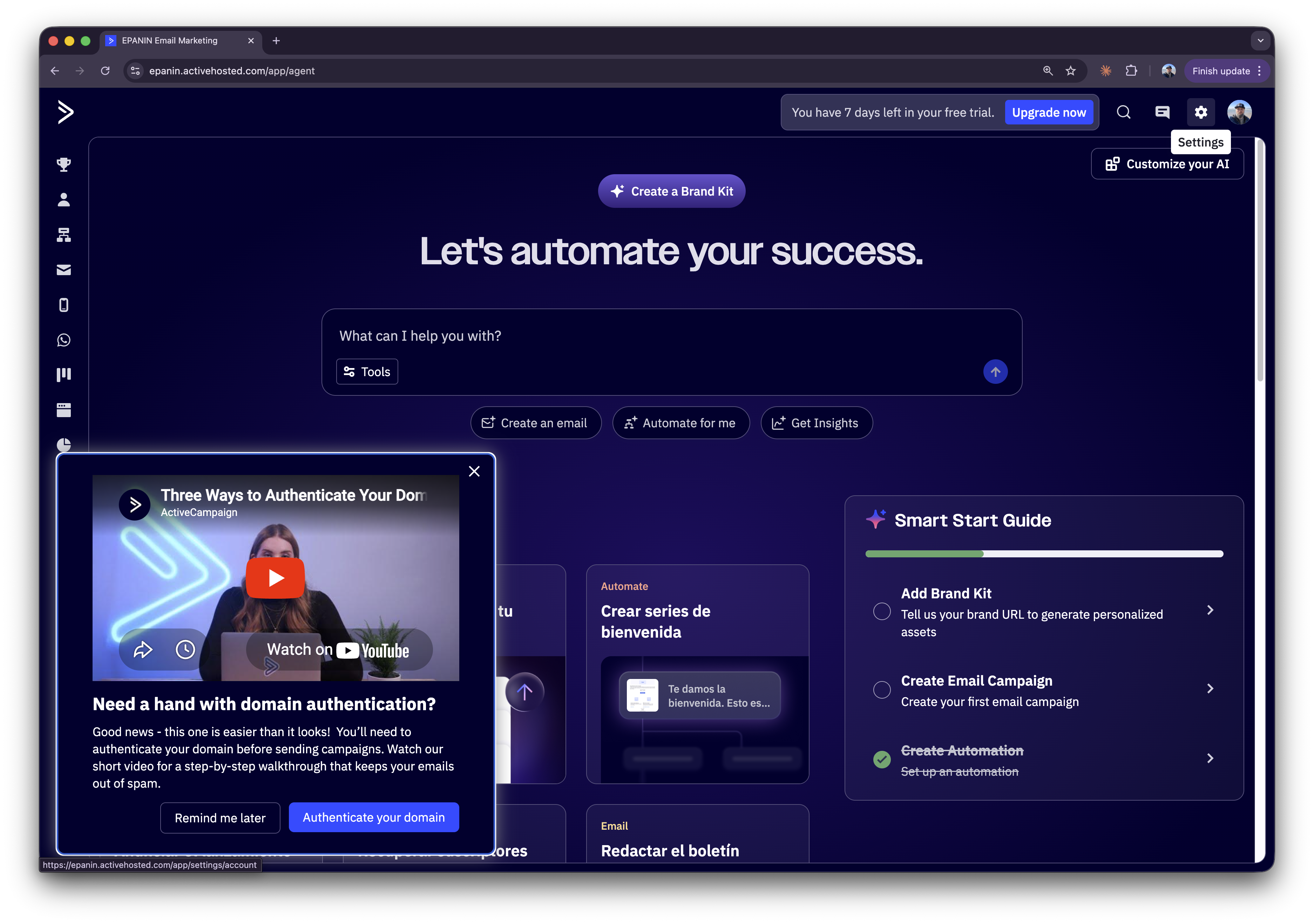 Open settings from the ActiveCampaign header