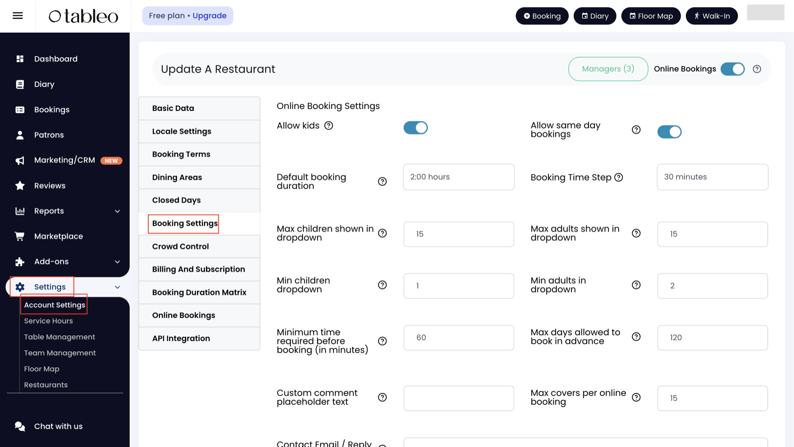 Tableo booking availability settings