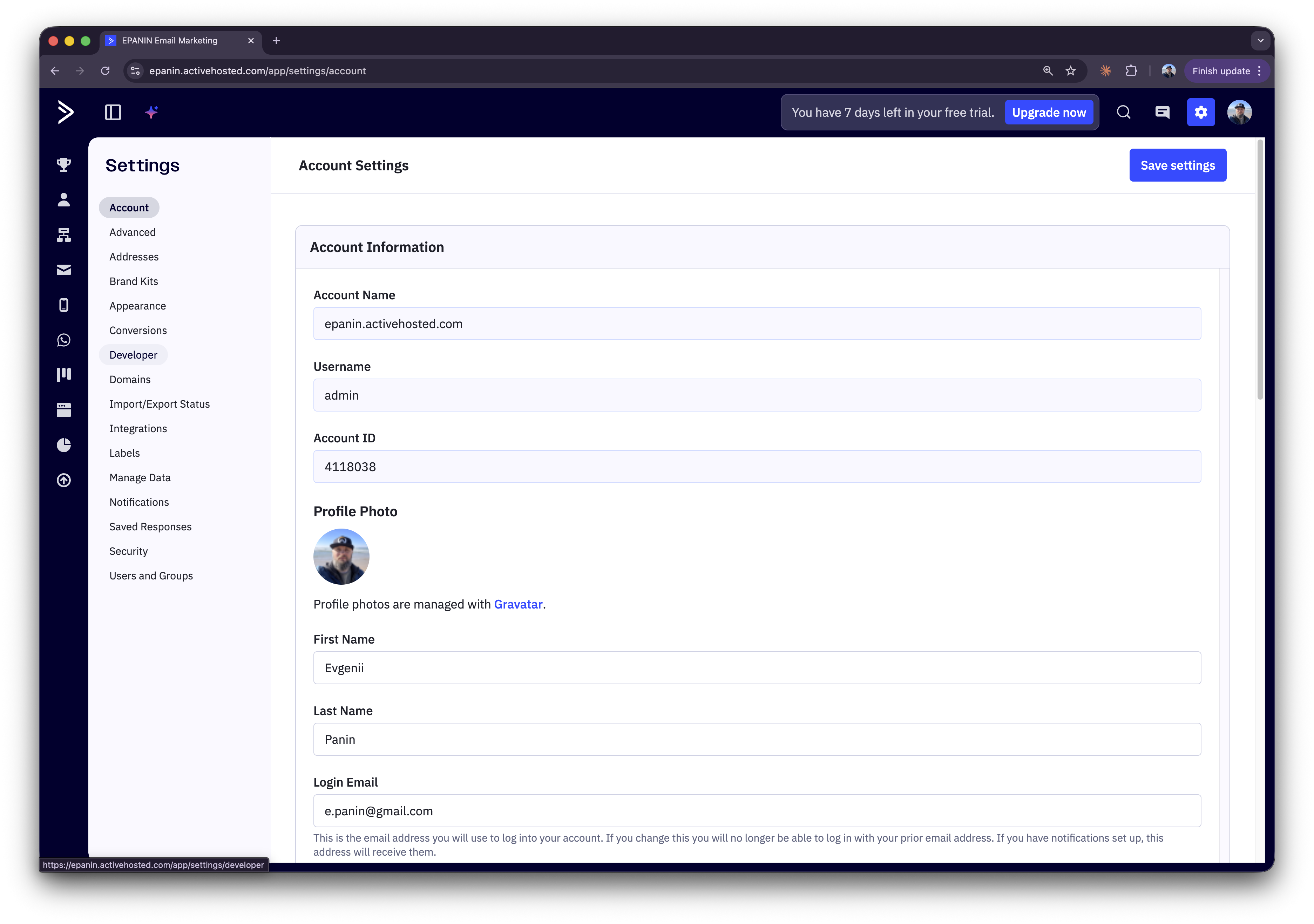 ActiveCampaign account settings sidebar