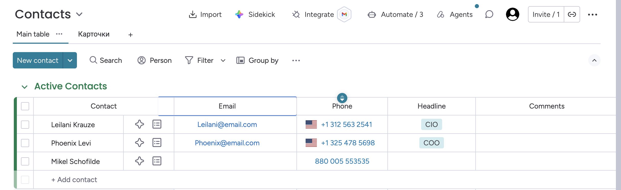 Contacts board with required columns