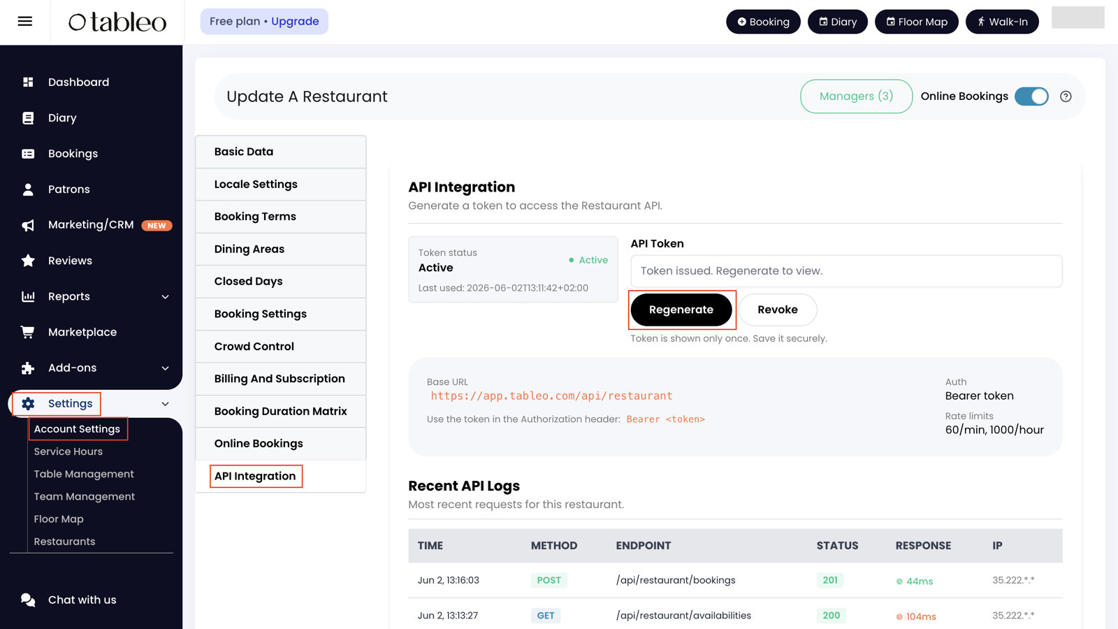 Tableo API Integration settings