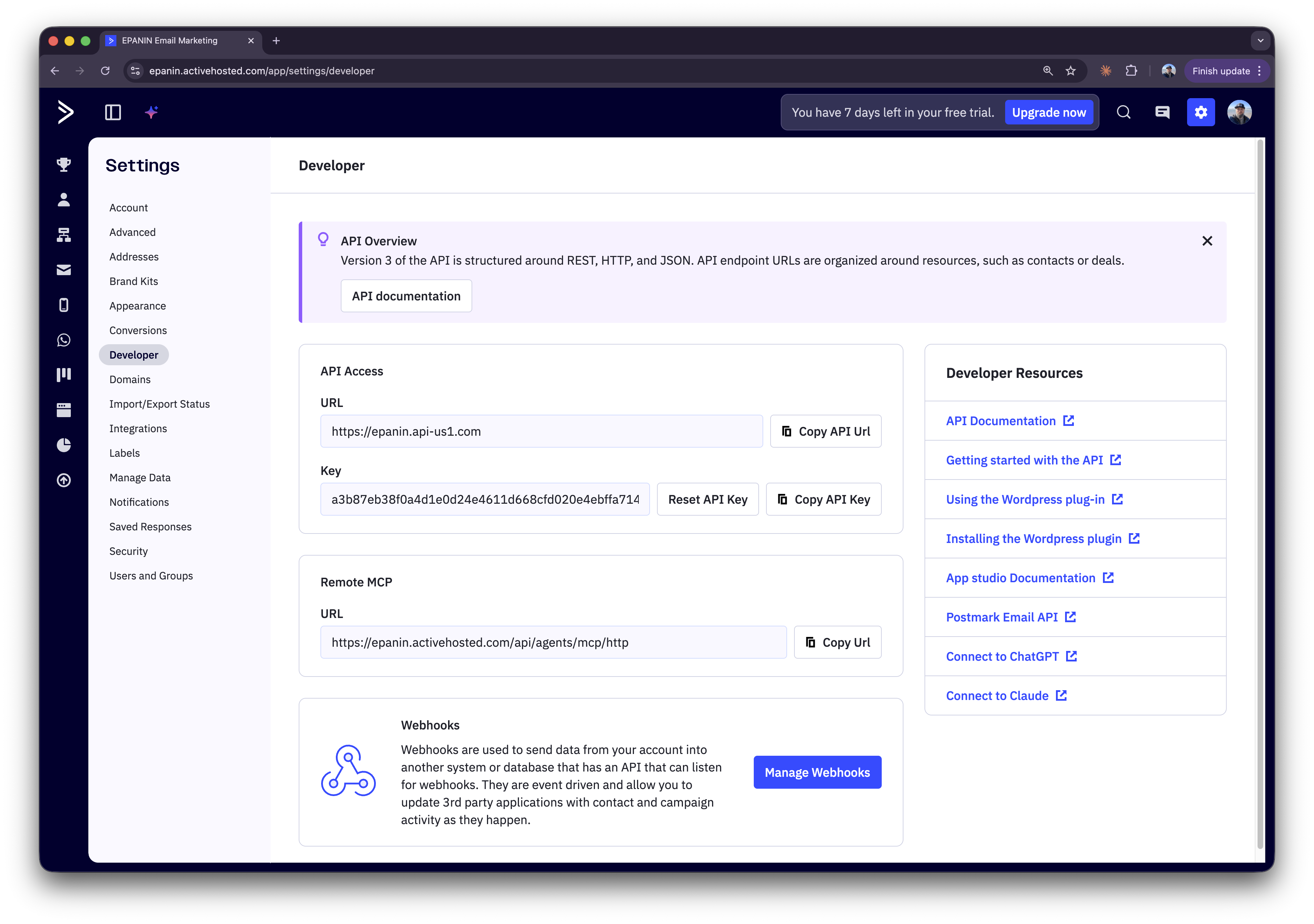 ActiveCampaign developer page with API URL and API Key