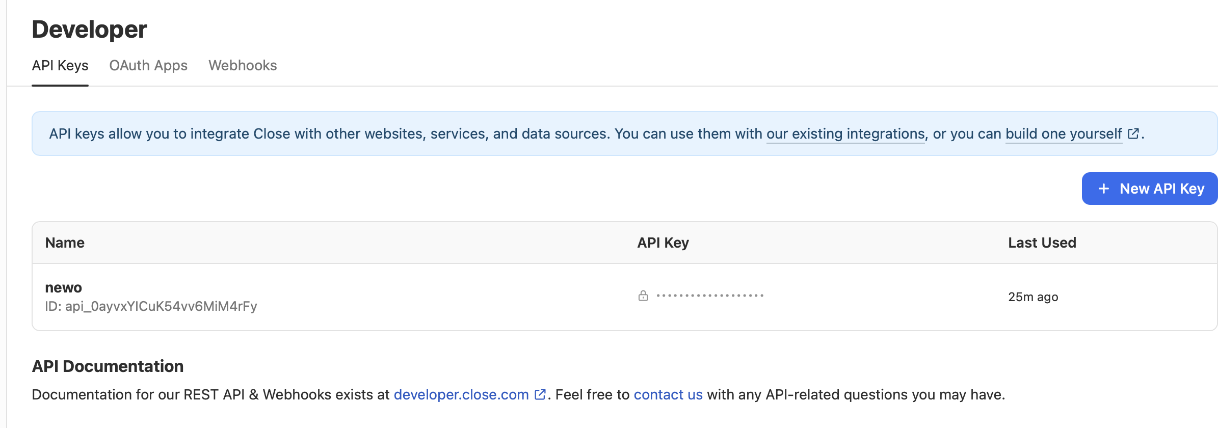 Close API key created