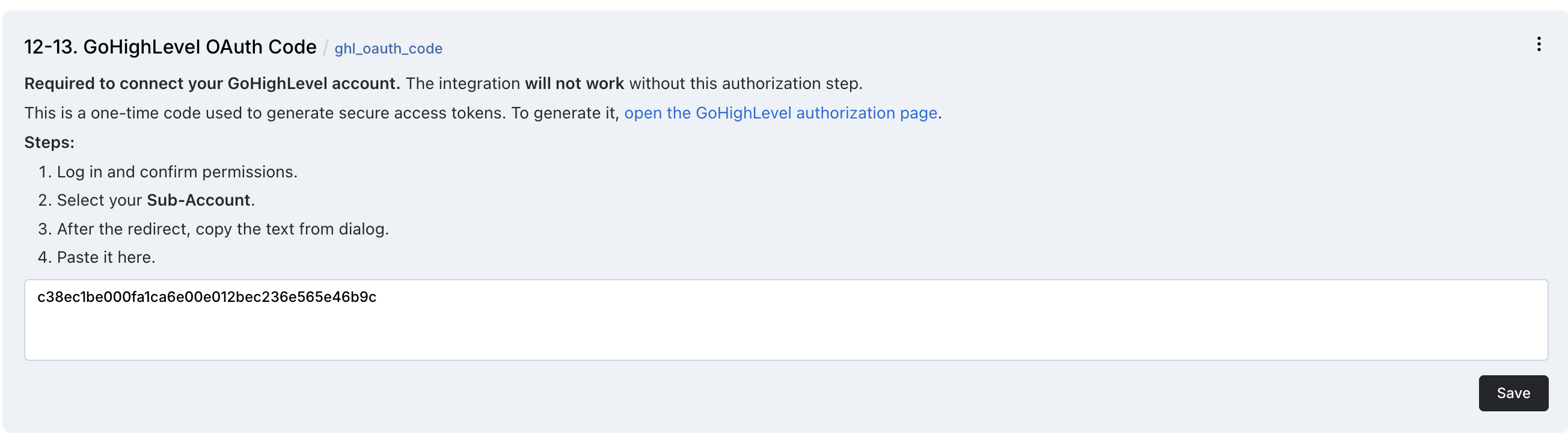 GoHighLevel private integration token screen