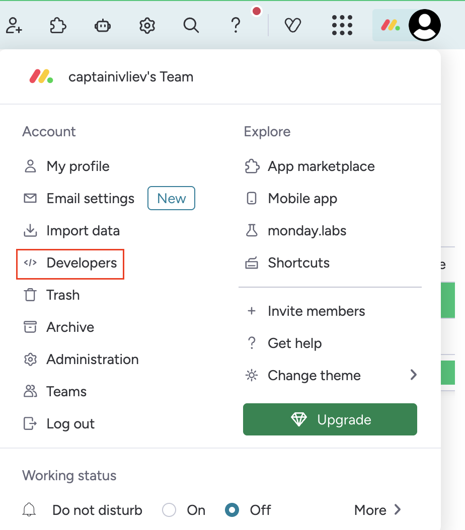 monday.com profile menu with Developers highlighted
