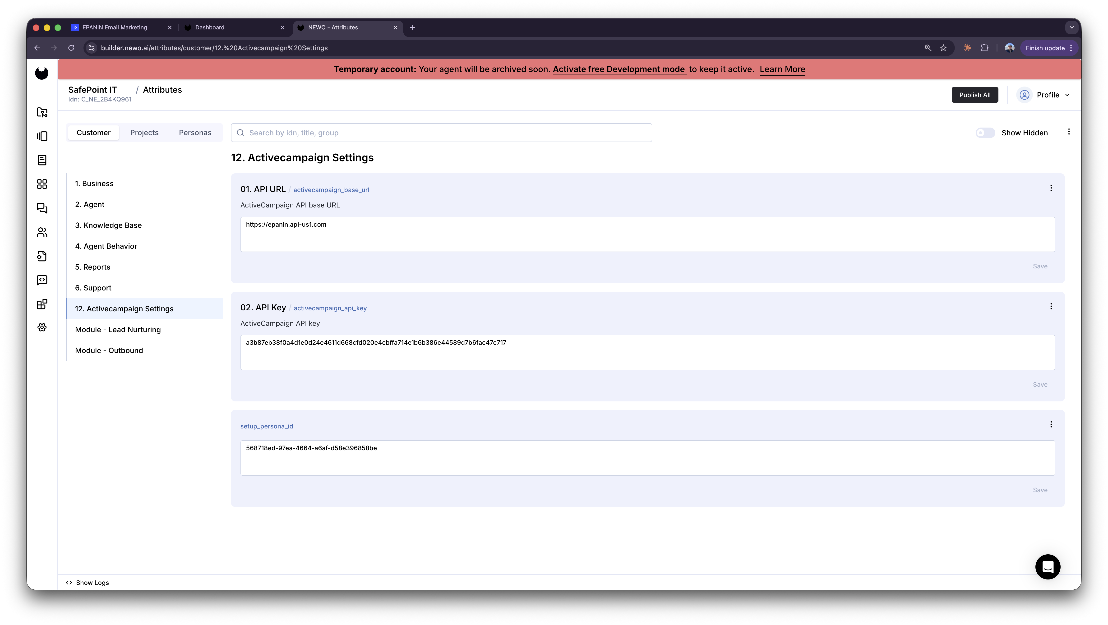 Newo Activecampaign Settings attributes