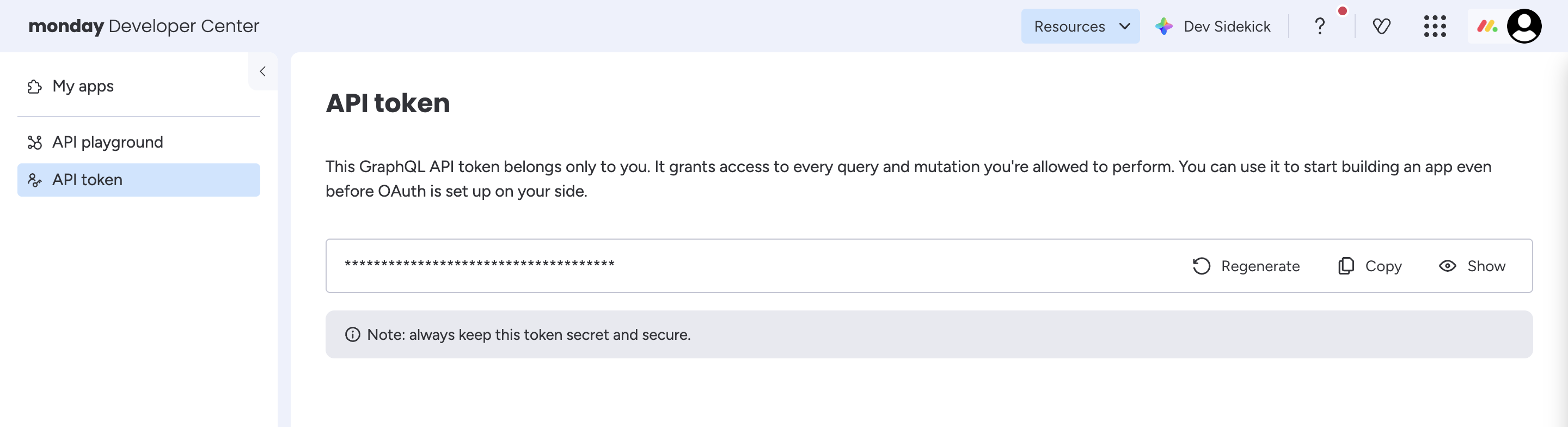 Developer Center with the API Token page open