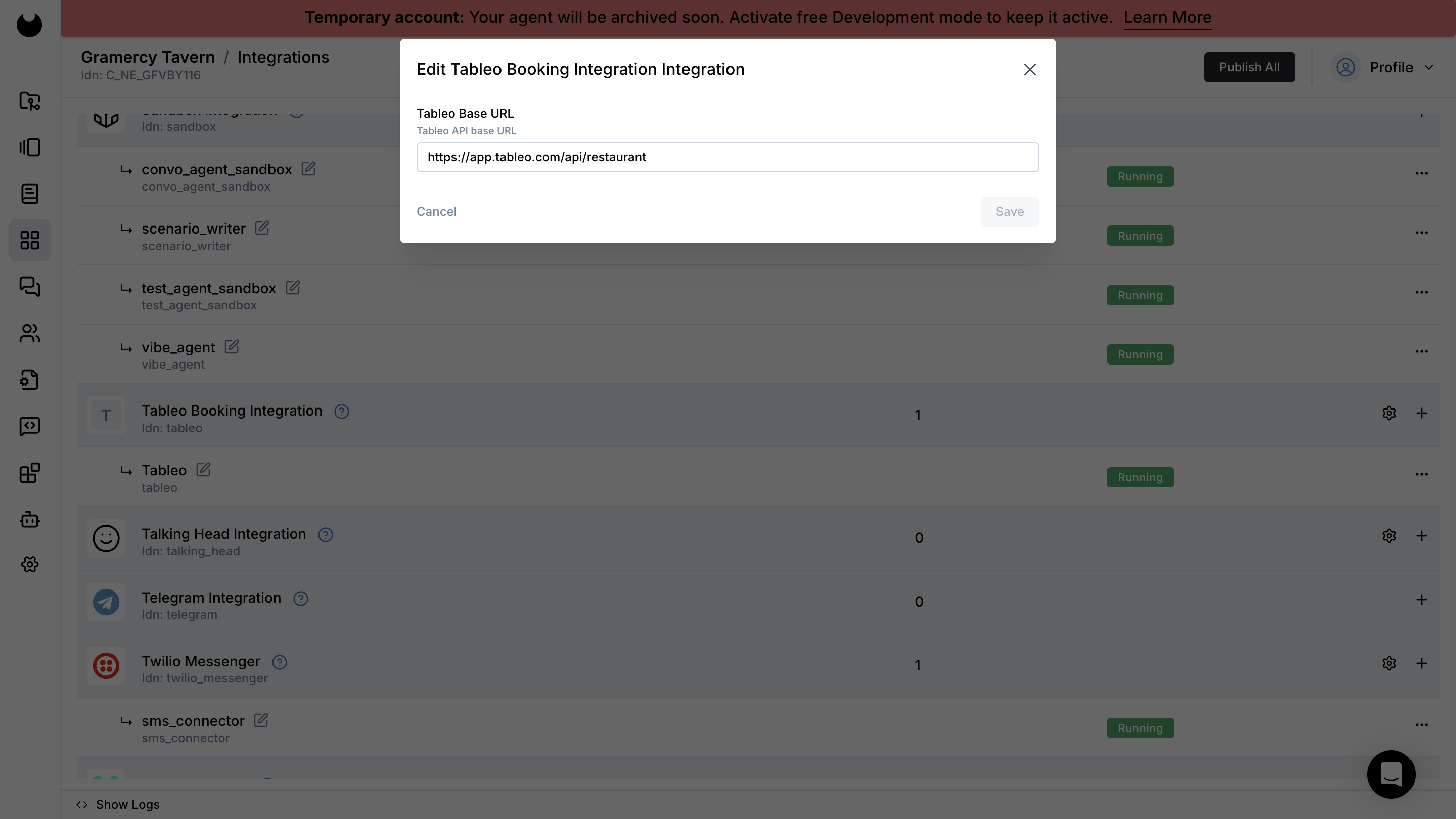Tableo connector base URL in Newo Builder