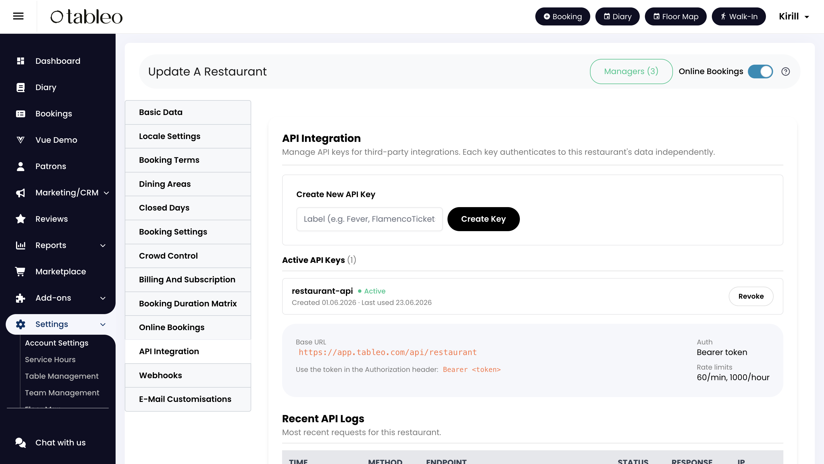 Tableo API Integration base URL
