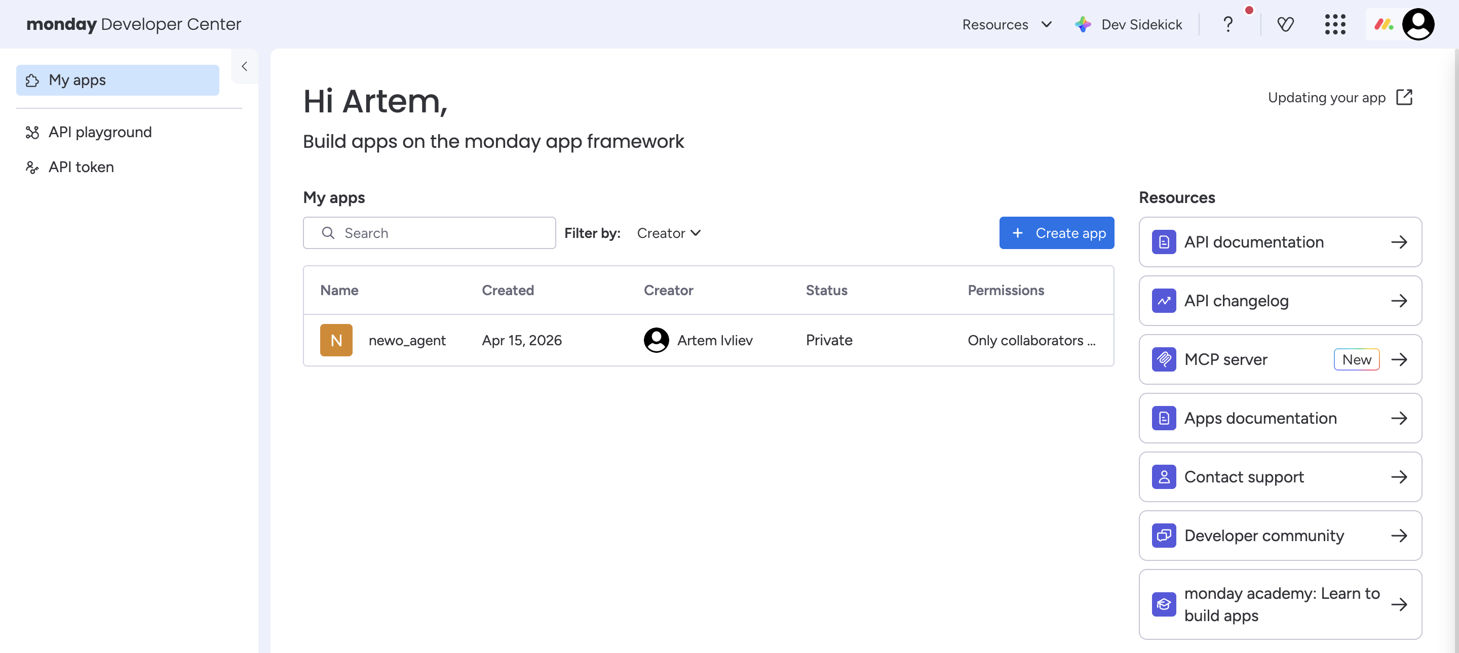 monday.com Developer Center My apps page
