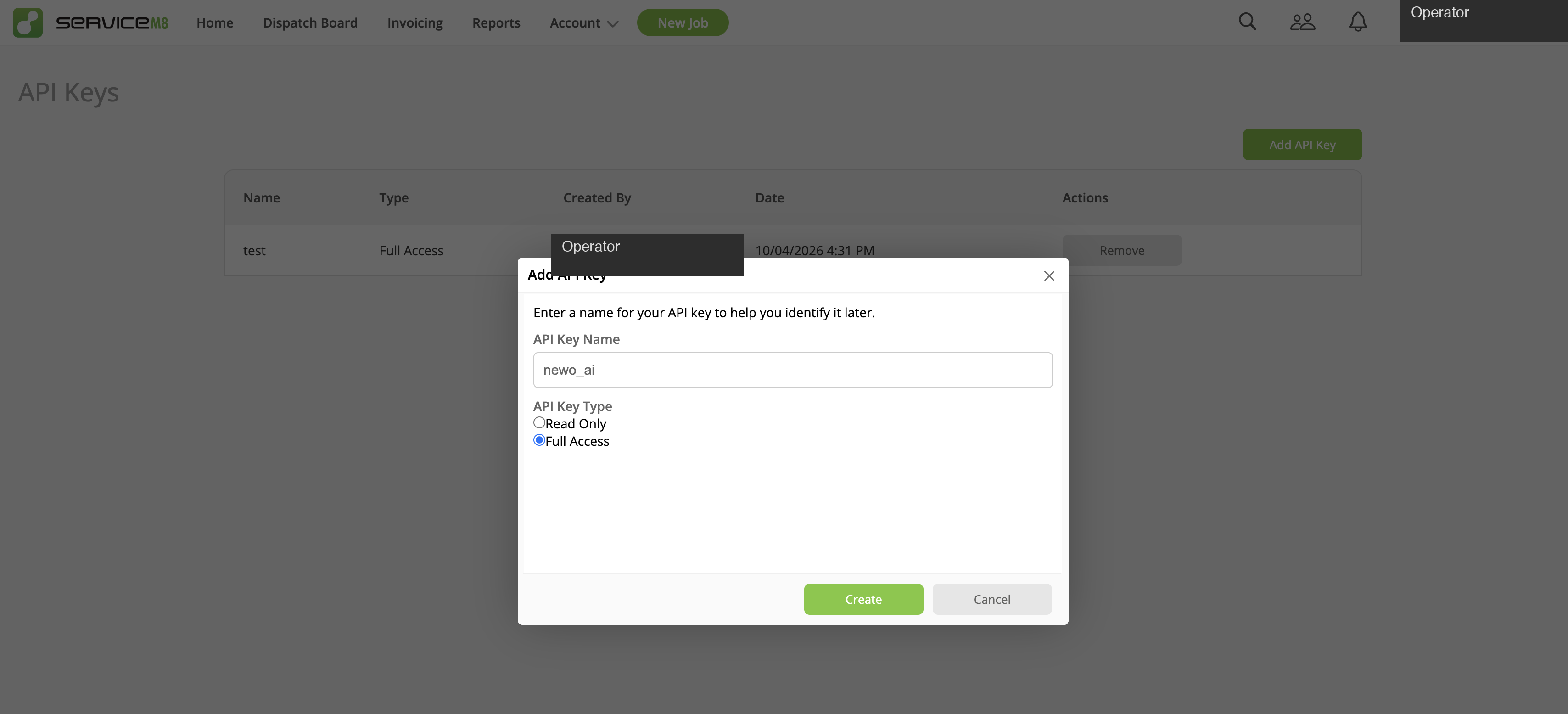 ServiceM8 API Keys page