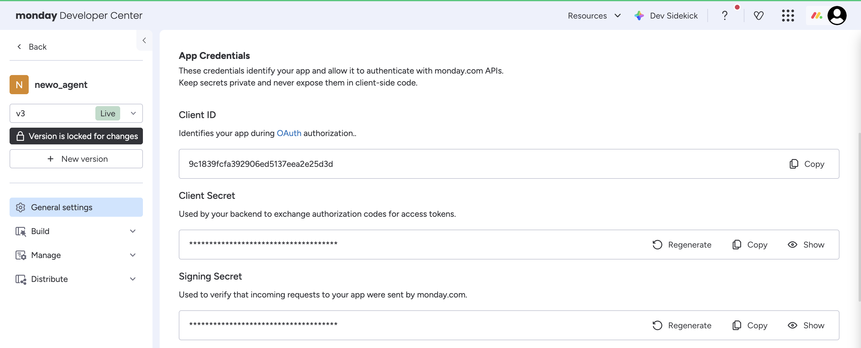 OAuth feature settings page showing Client ID and Client Secret