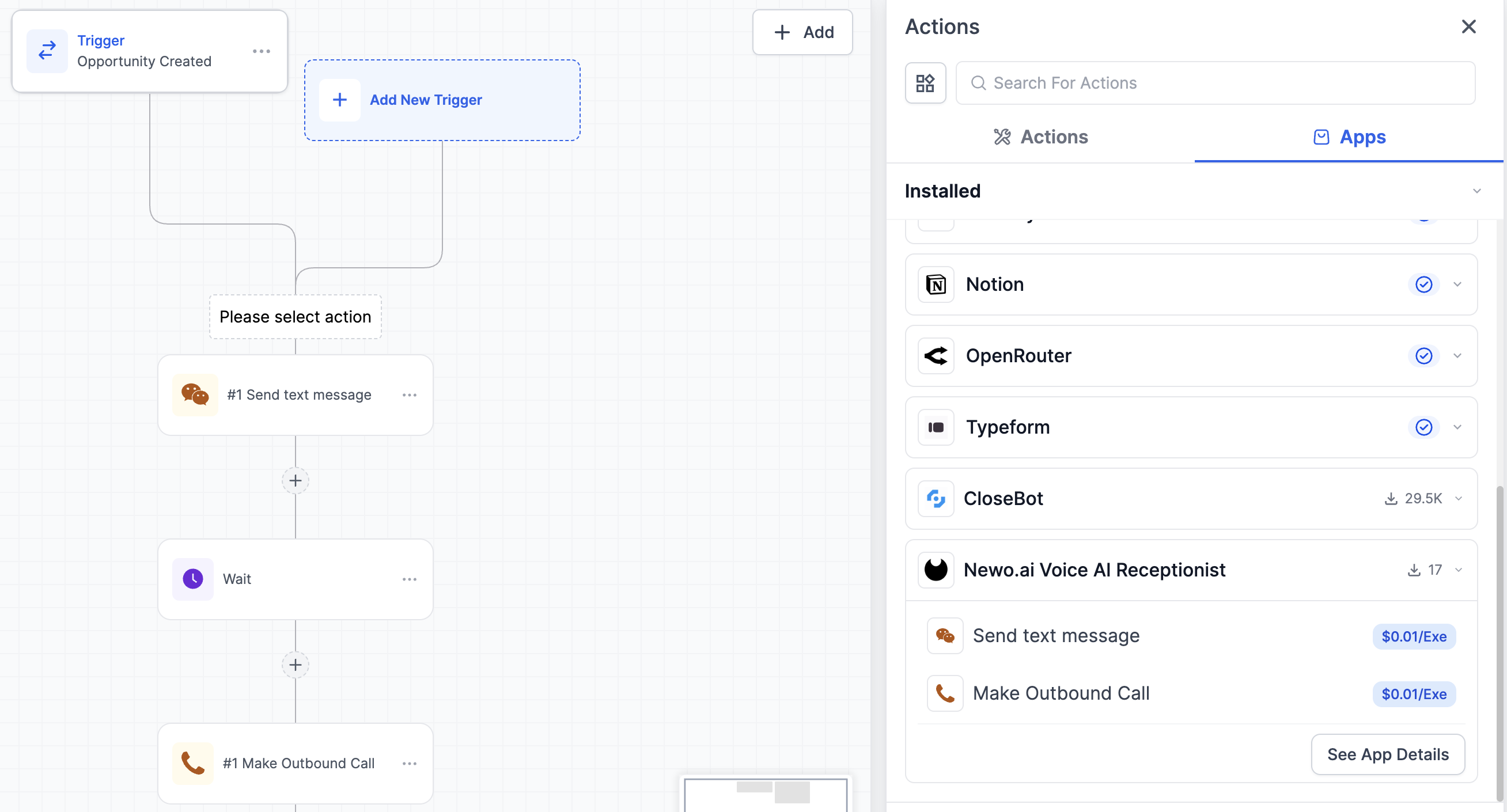 GoHighLevel workflow with Newo native action