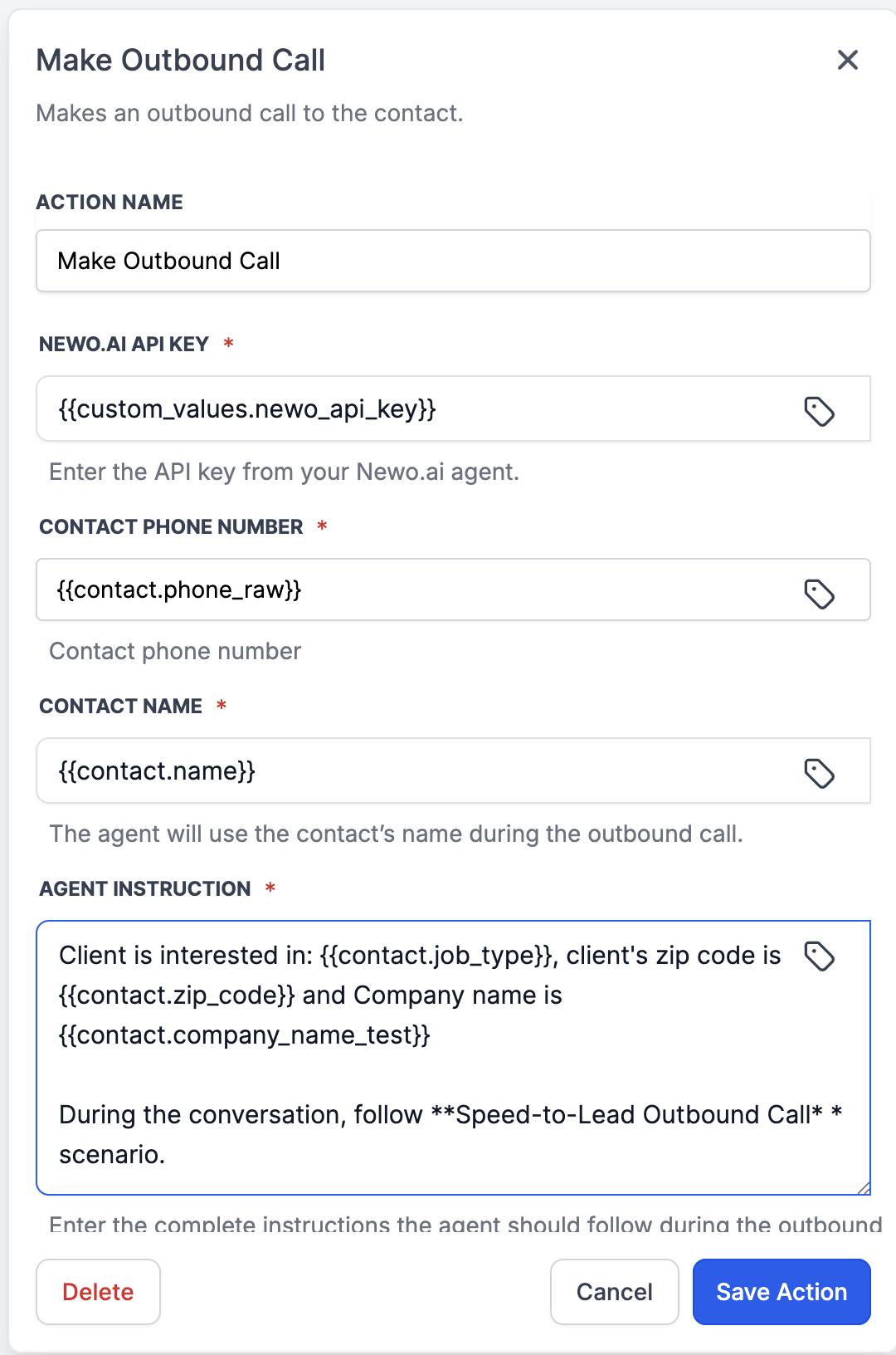 Native outbound call action configuration