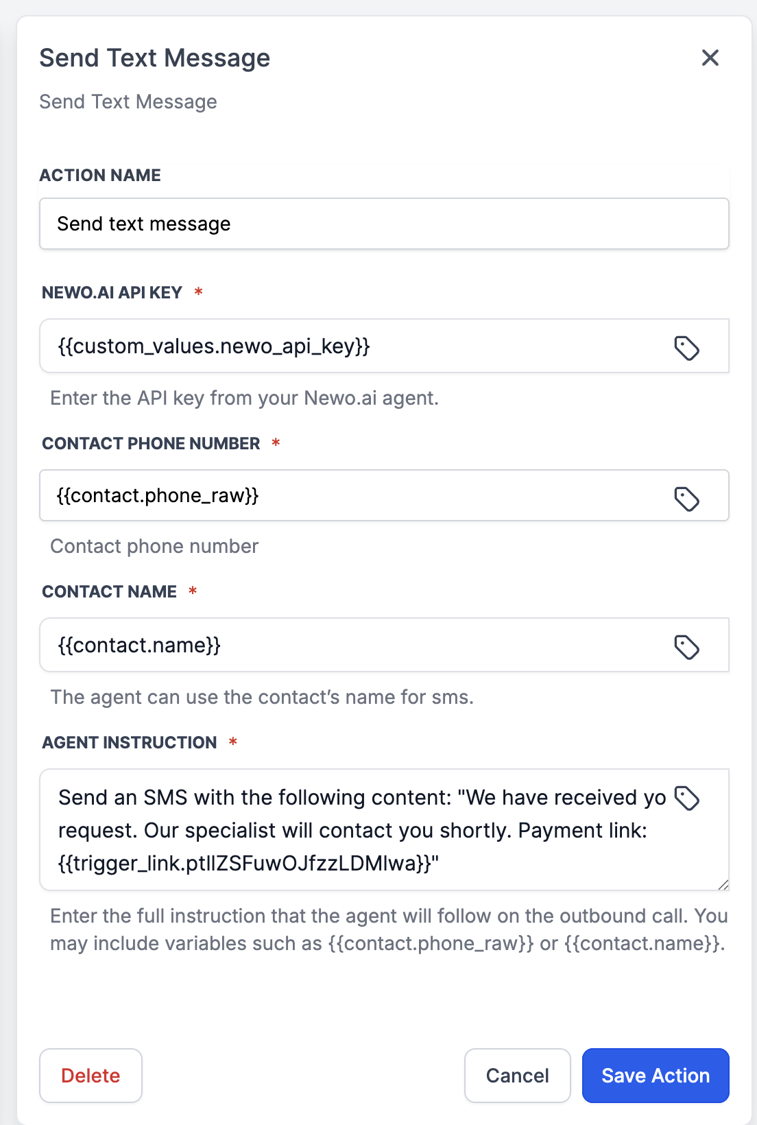 Native SMS action configuration