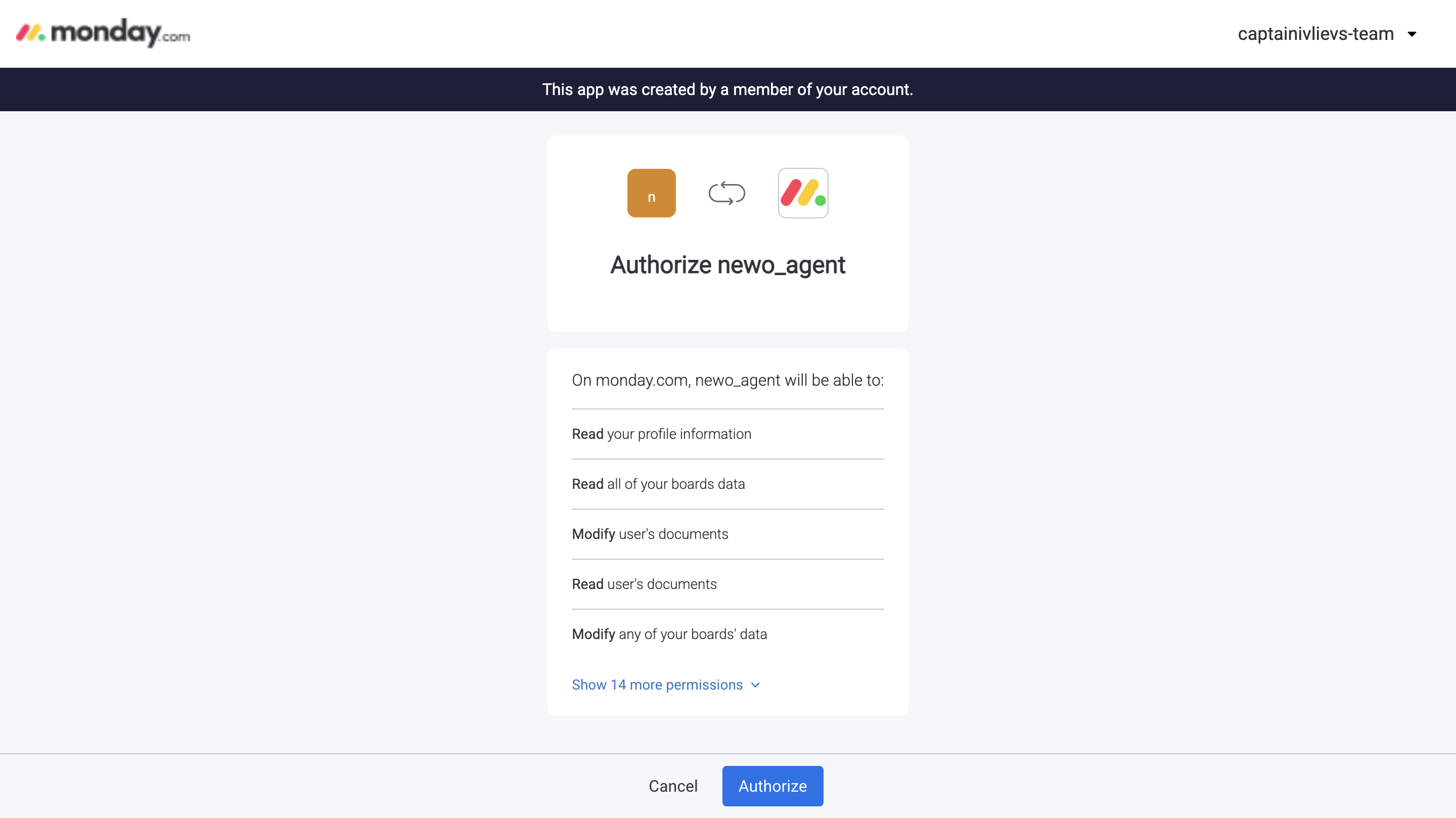 monday.com OAuth approval screen