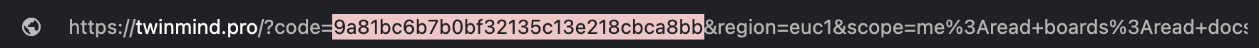 Browser address bar after approval, code value highlighted