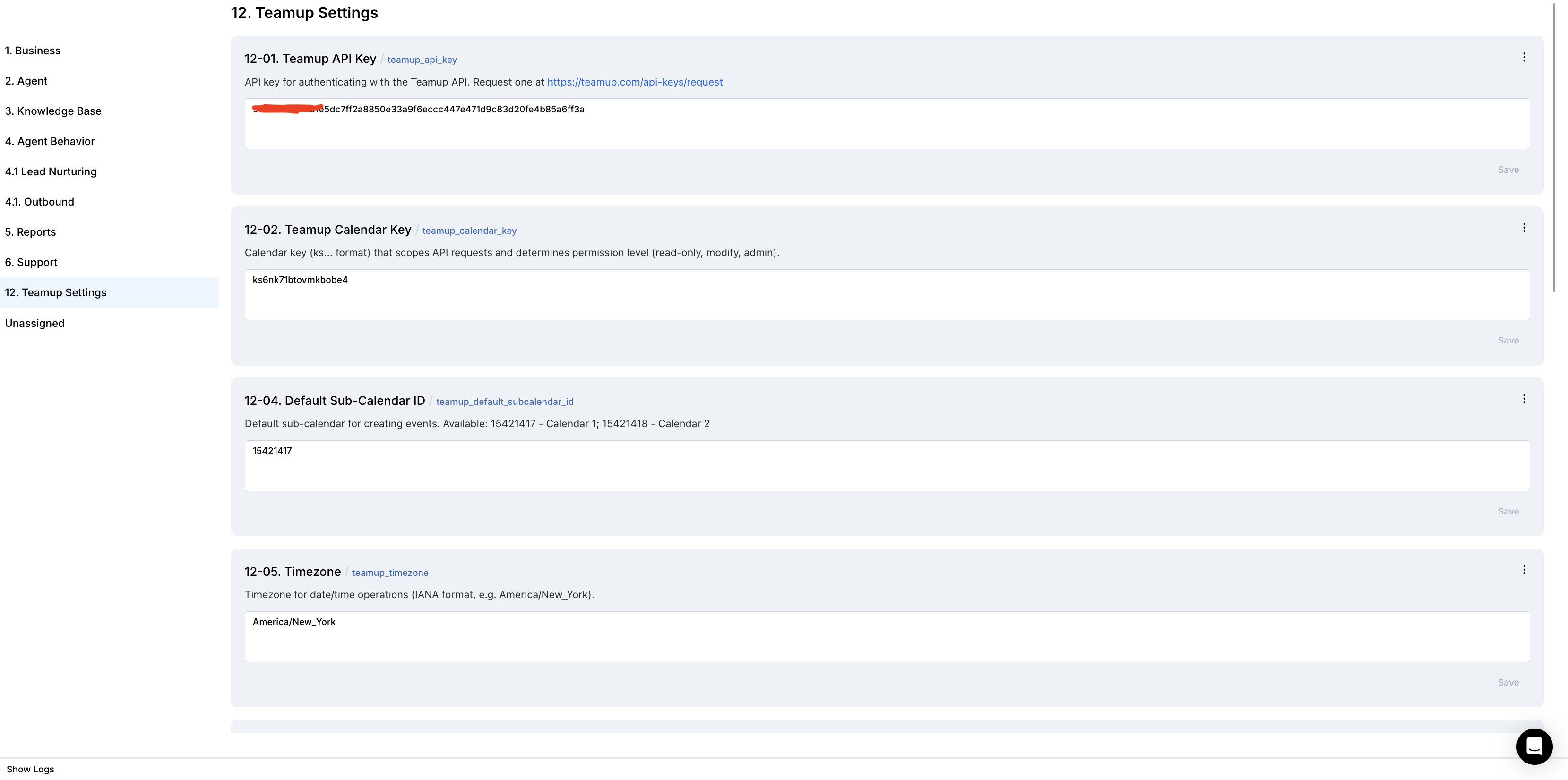 Newo Attributes — API Key, Calendar Key, Sub-Calendar ID, Timezone