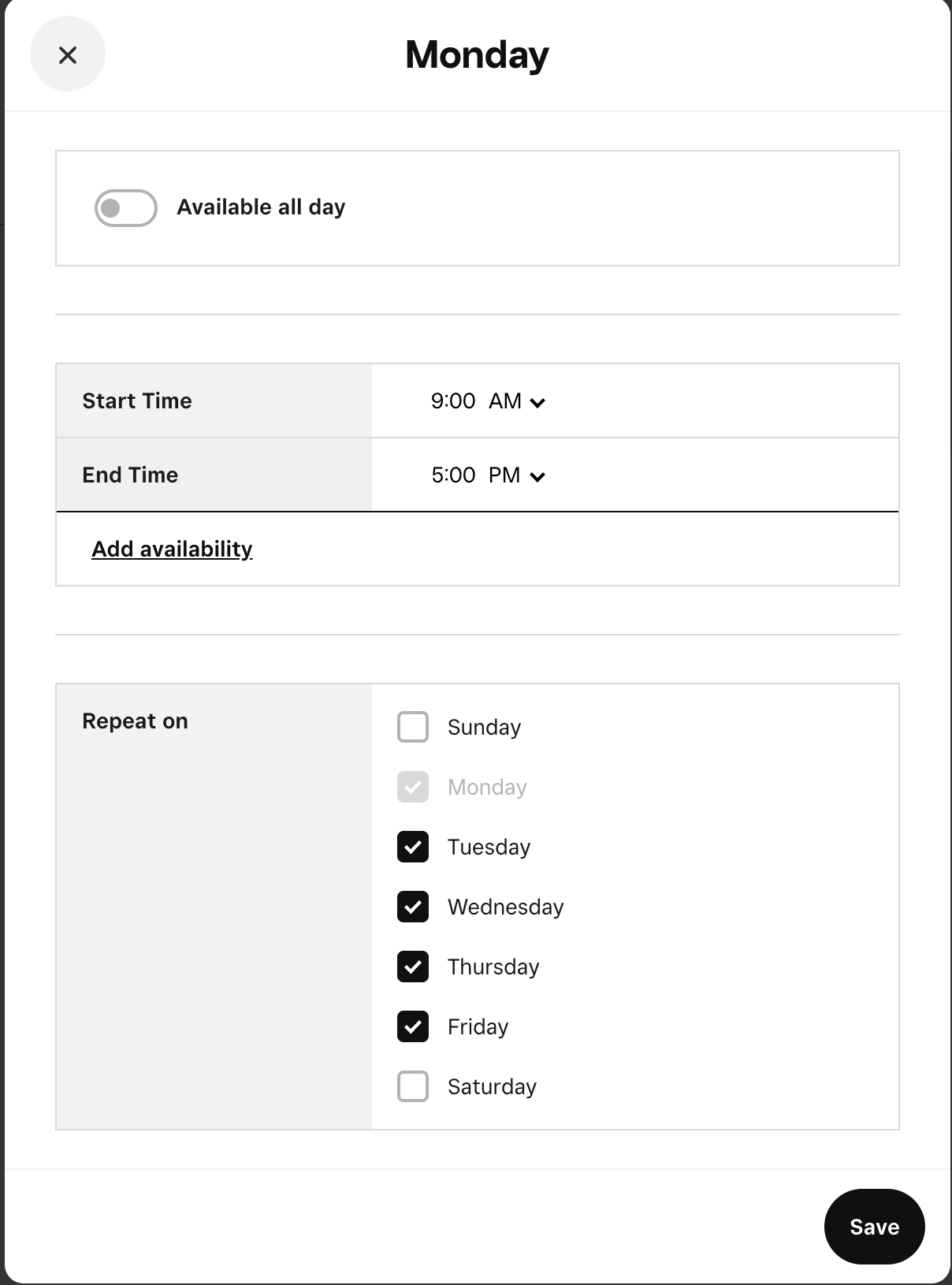 Availability settings