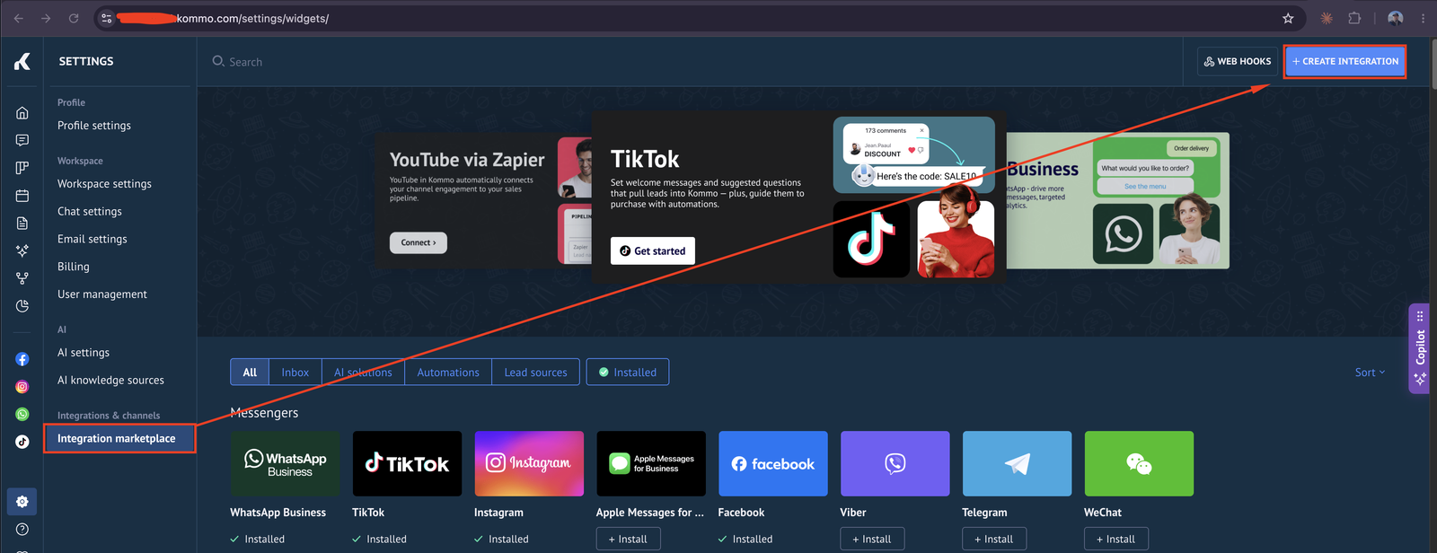 Open the integration marketplace in Kommo
