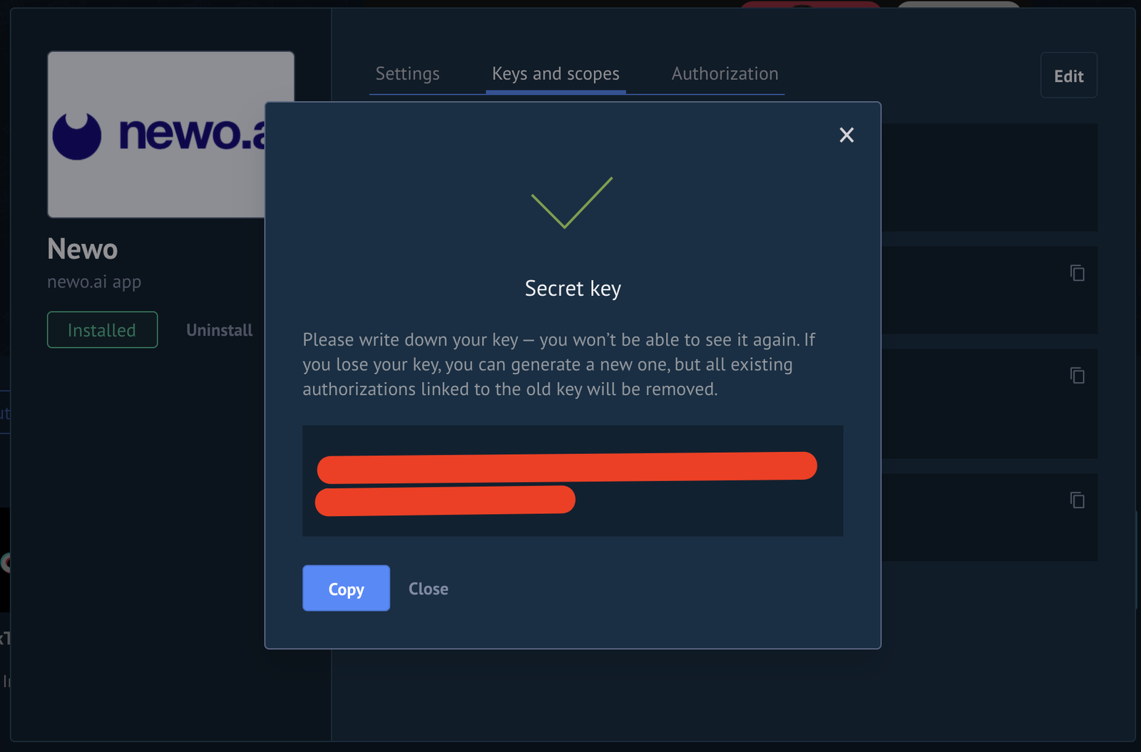 Copy the Kommo secret key