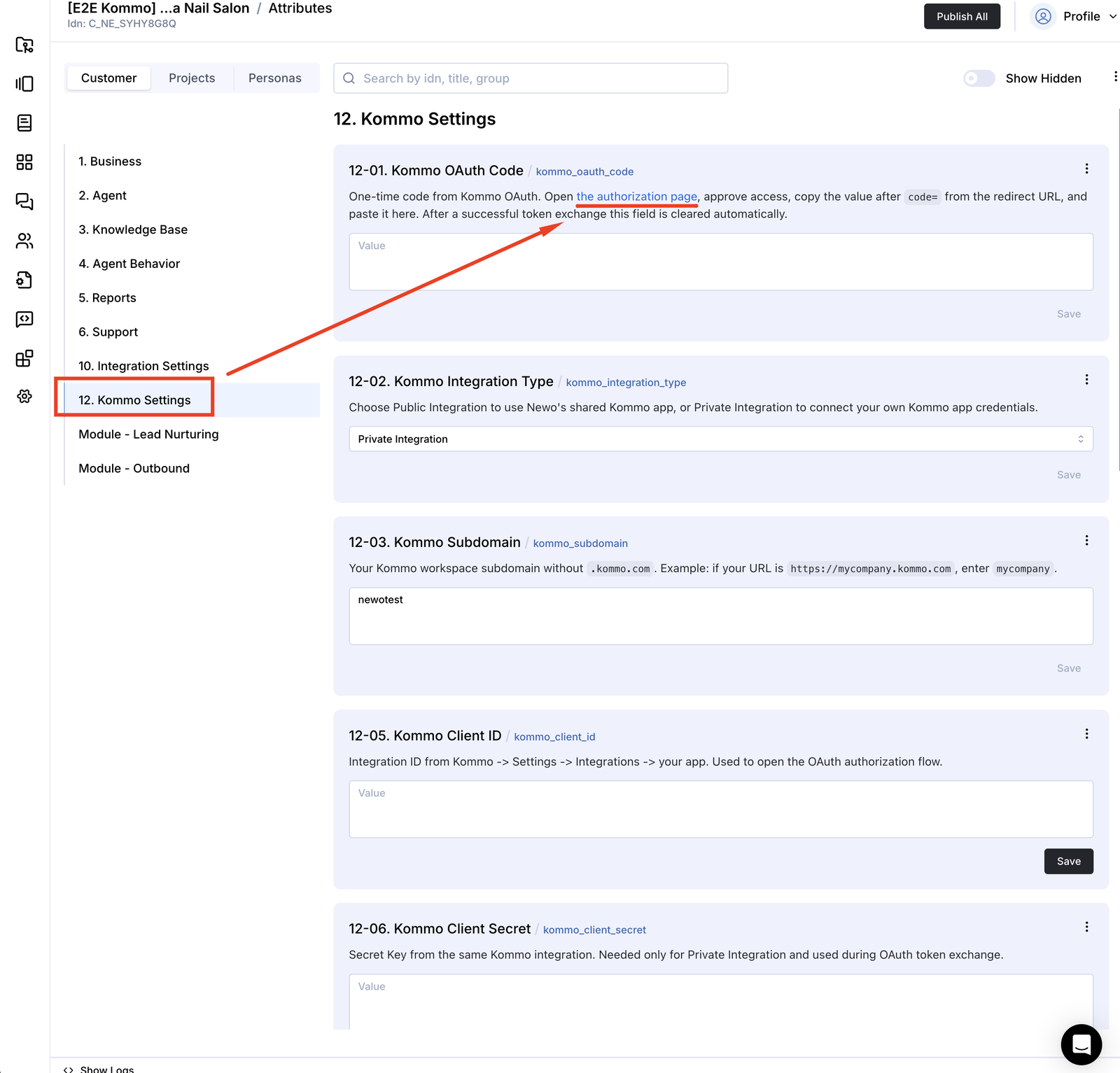Kommo settings in Newo Builder