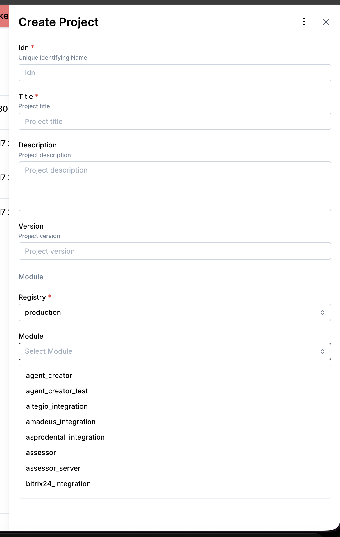 Create Project form showing IDN, Title, Registry, and Module fields