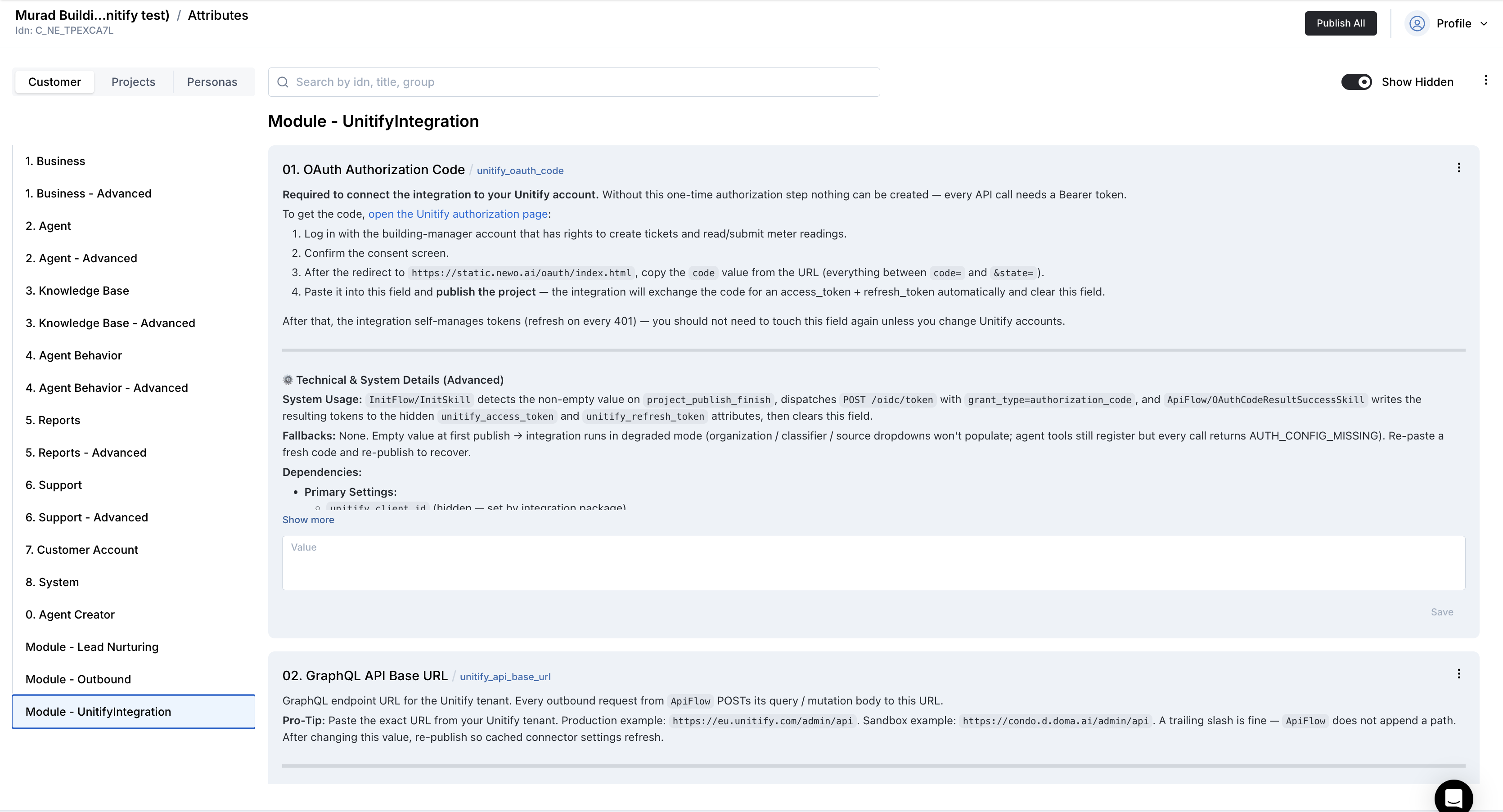 Newo Builder — Module - UnitifyIntegration group on the Setup tab