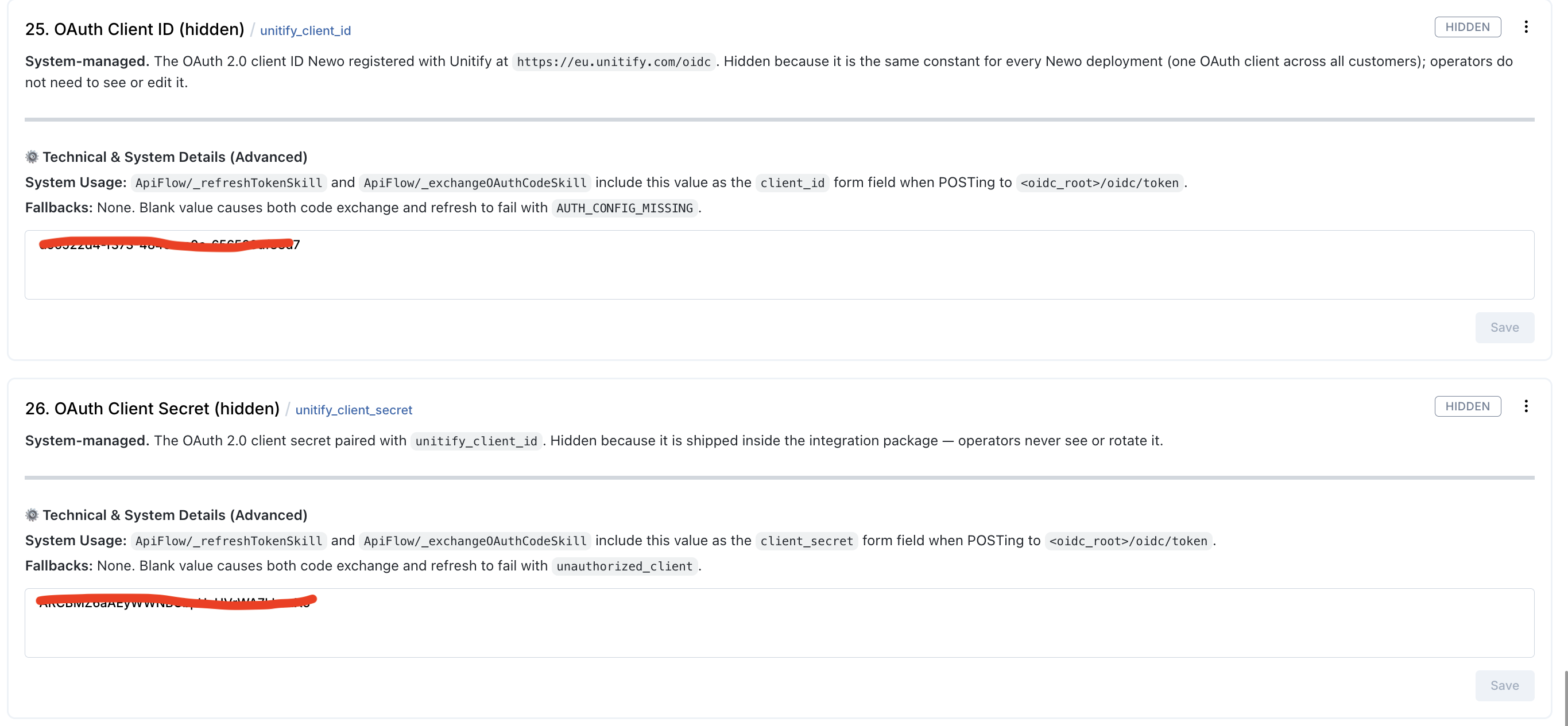 Newo Builder — pasting the OAuth credentials