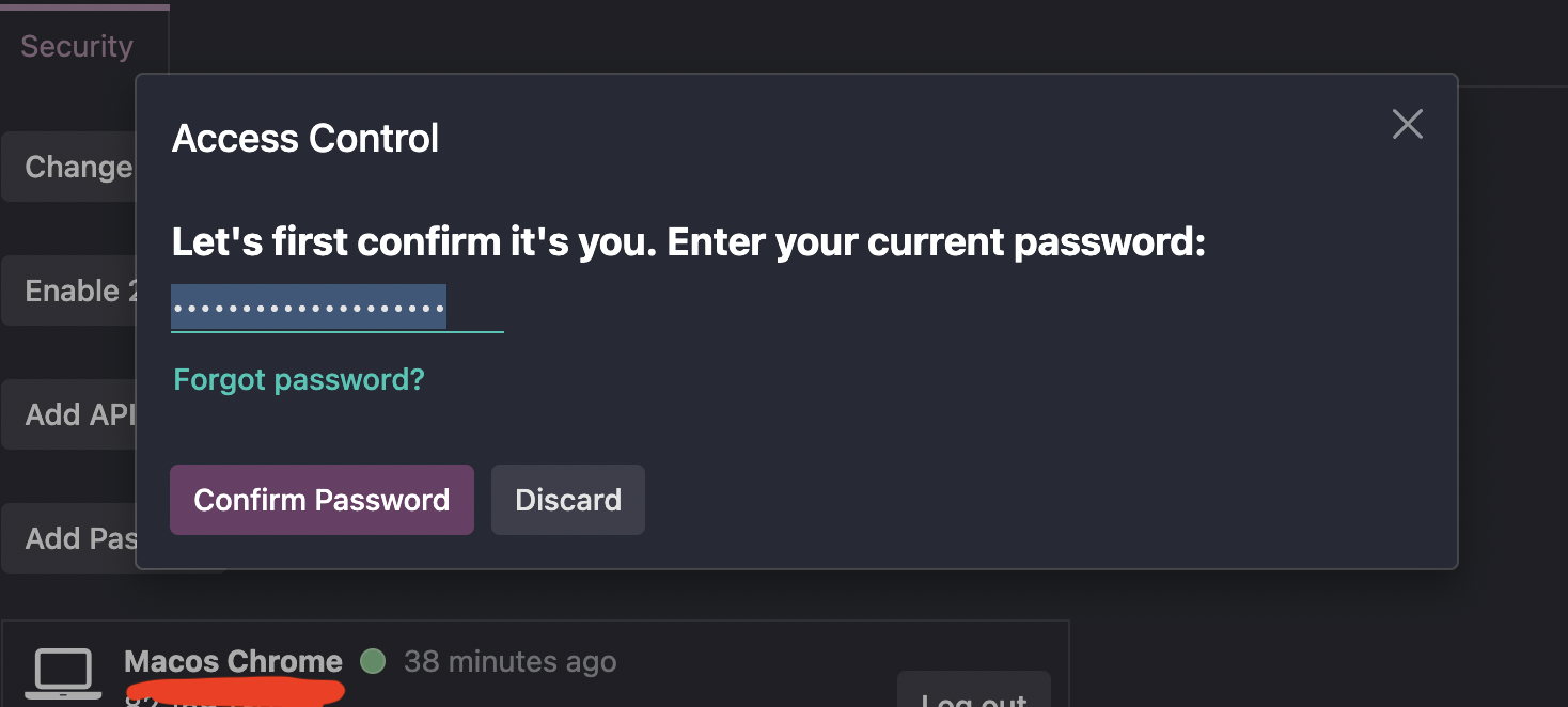 Access Control dialog asking for the current password