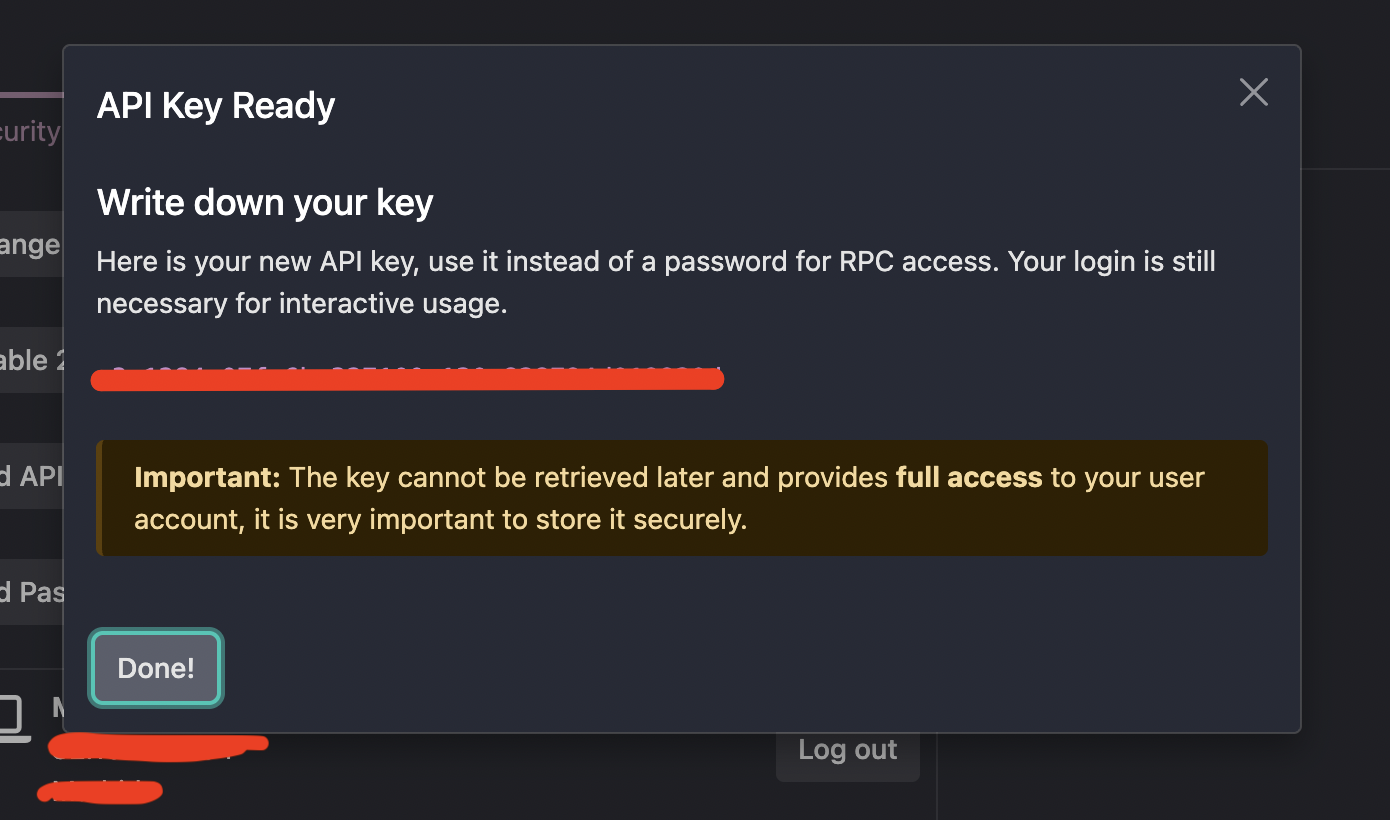 API Key Ready dialog showing the masked key and Done button