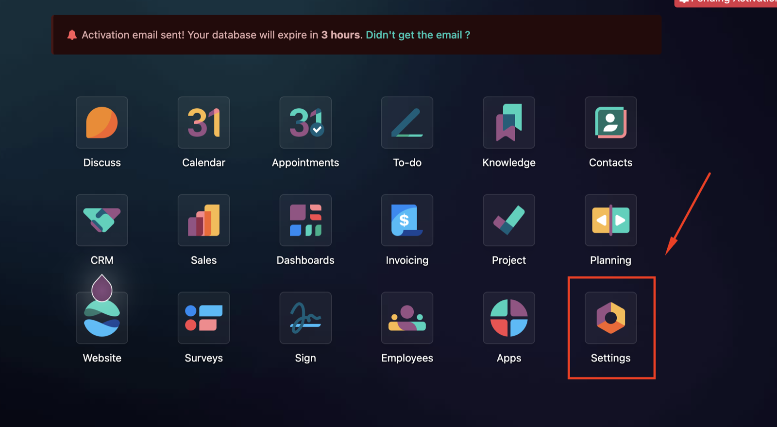 Odoo apps grid with the Settings tile highlighted