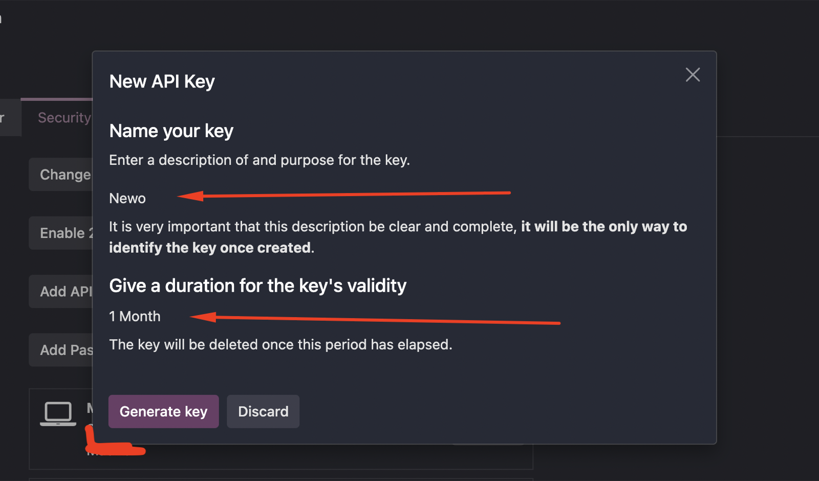 New API Key dialog with description and duration fields