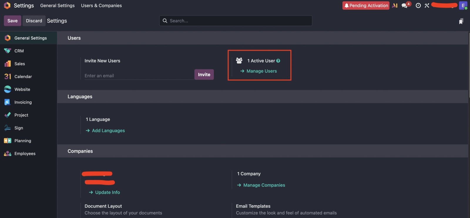 Settings → Users section with Manage Users link
