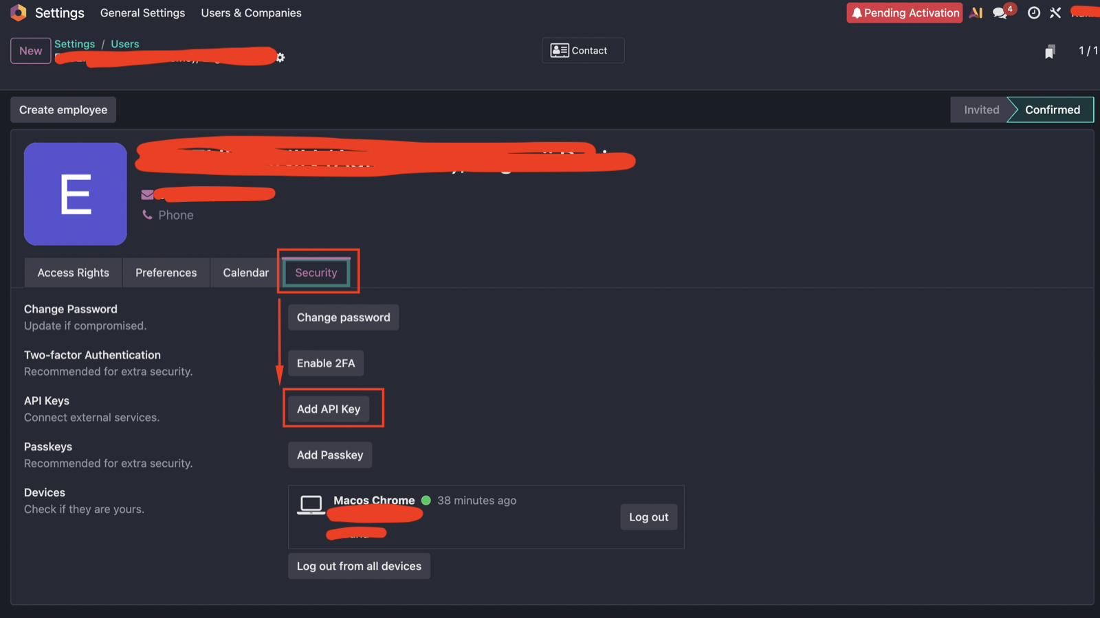 Security tab on the user page with the Add API Key button