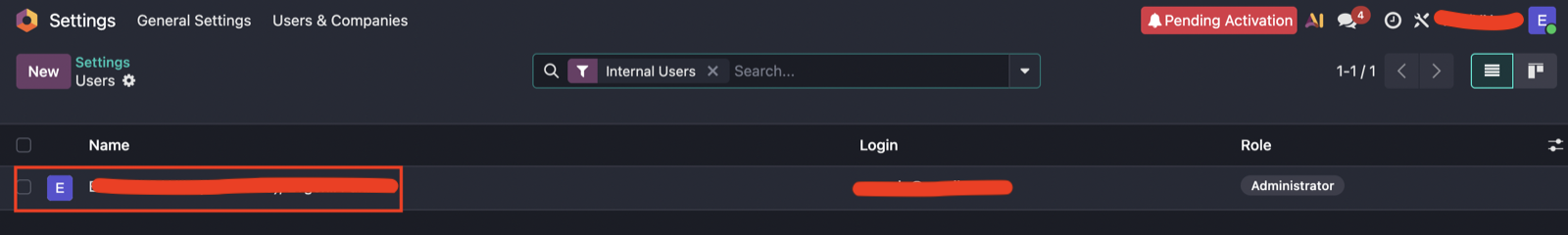 Odoo user list with the API user highlighted