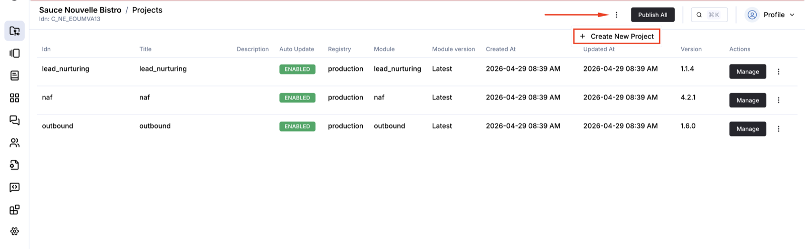 Newo Builder Projects list with the Create New Project entry highlighted.
