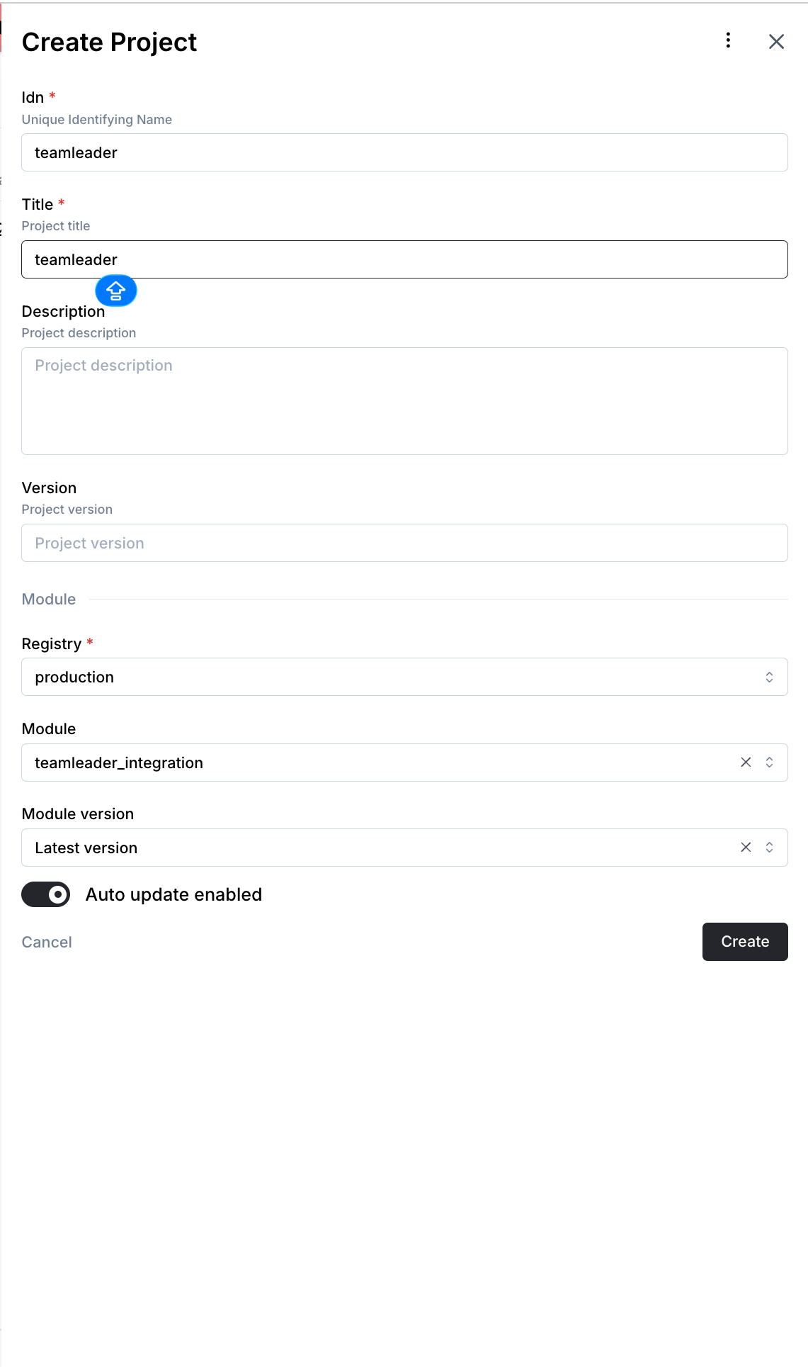 Create Project dialog filled with idn=teamleader, module=teamleader_integration.