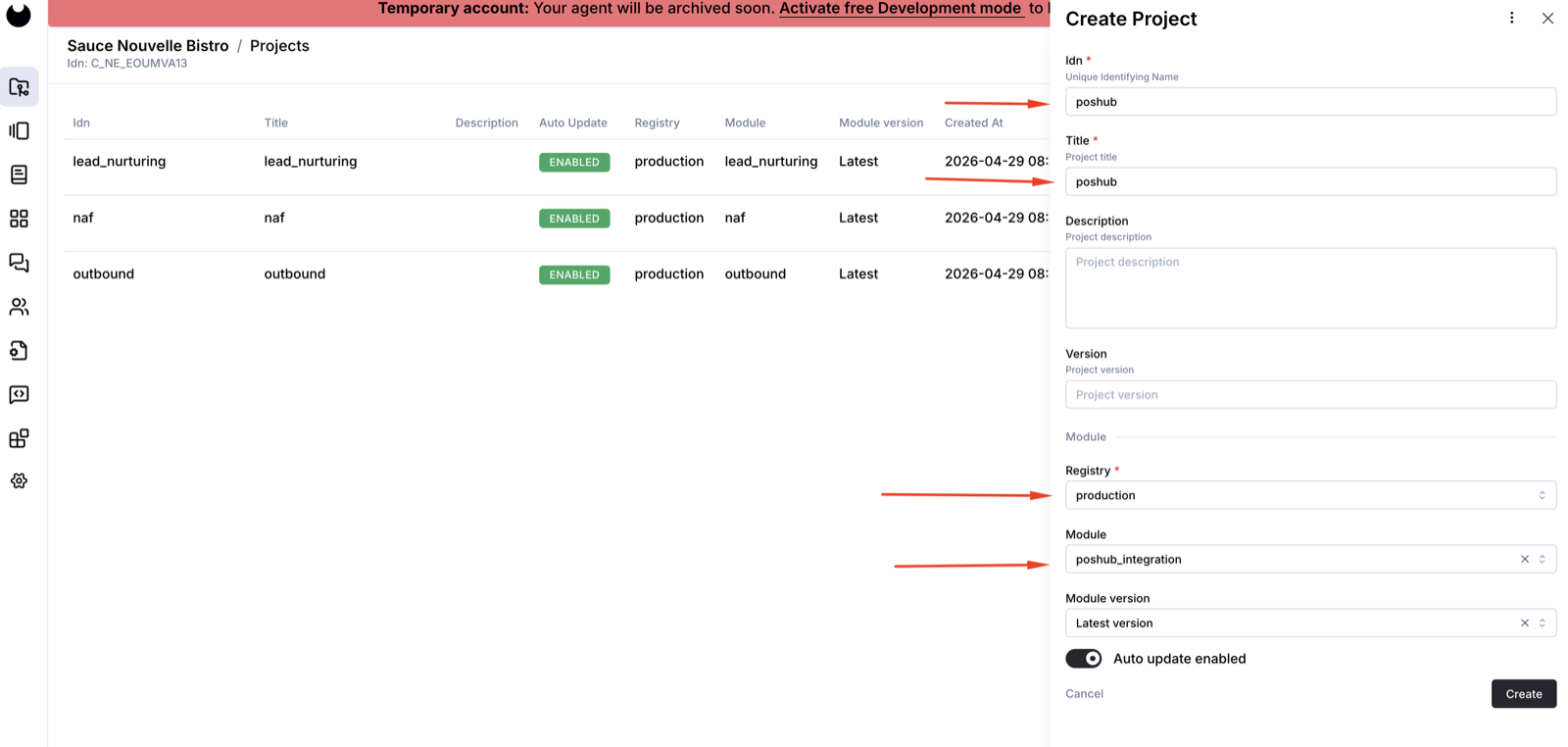 Create Project dialog filled with idn=poshub, title=poshub, registry=production, module=poshub_integration.