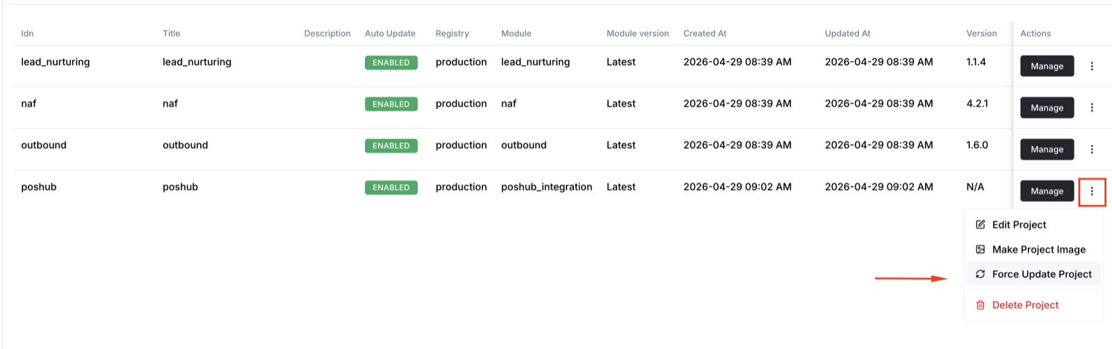 Projects list with the new poshub project visible and the Force Update Project menu item highlighted.