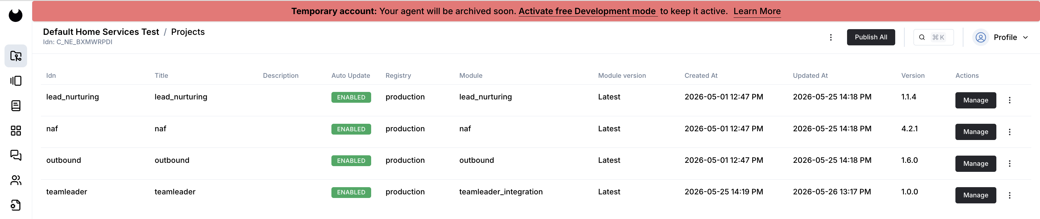 Projects list with the new teamleader project visible.