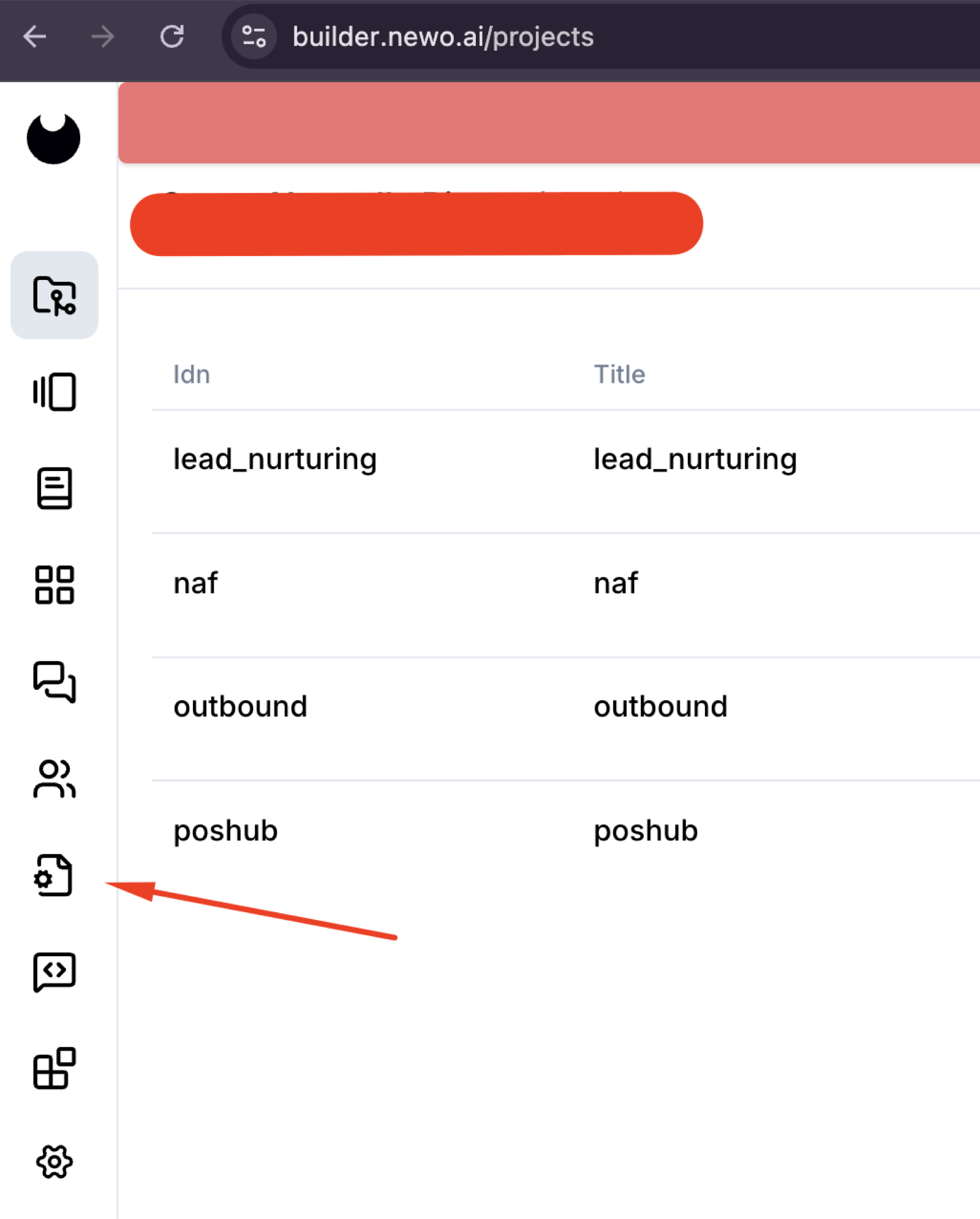 Newo Builder left sidebar with the Settings icon highlighted.