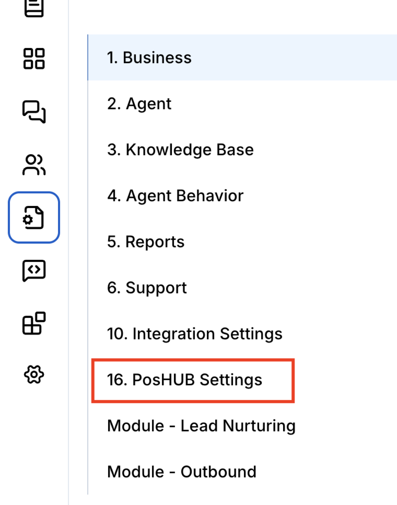 Settings list showing the PosHUB Settings group highlighted.