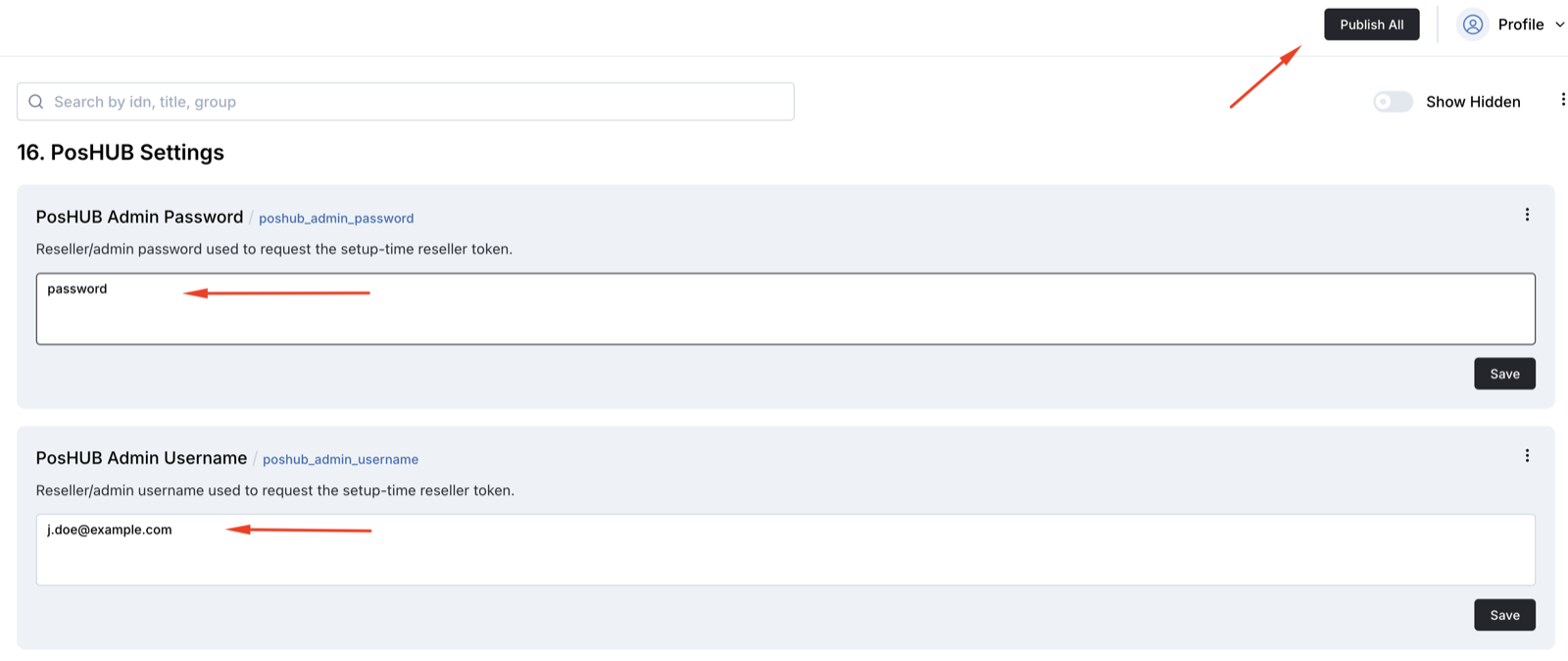 PosHUB Admin Username and Admin Password fields filled in, Publish All button highlighted.